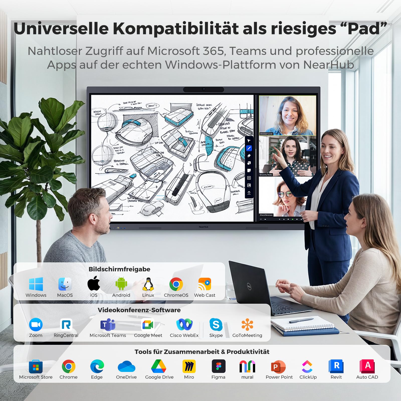 NearHub Max Interaktives Whiteboard 55" Win11 Pro 4K-Kamera & 8-Mic | 16GB+256GB, 40 Touchpunkte, Native Zoom Rooms & Microsoft Teams, 40-Punkt-Multi-Touch, Bildschirmfreigabe