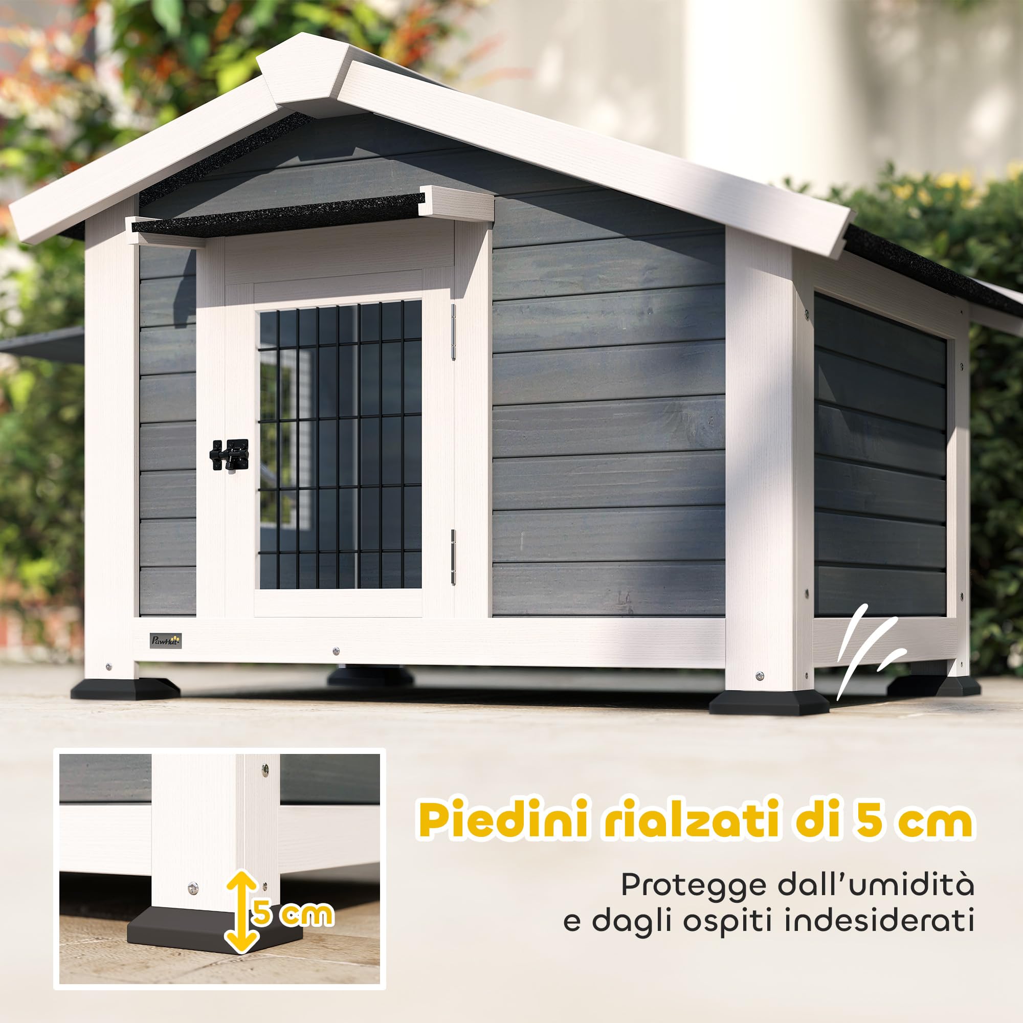 PawHut Cuccia per Cani da Esterno in Legno, Casetta per Cani Rialzato con Tetto Spiovente Impermeabile, Finestra Apribile, Facile Pulizia, Porta Ventilata, per Cani Piccola Media, 98x76x69.5cm