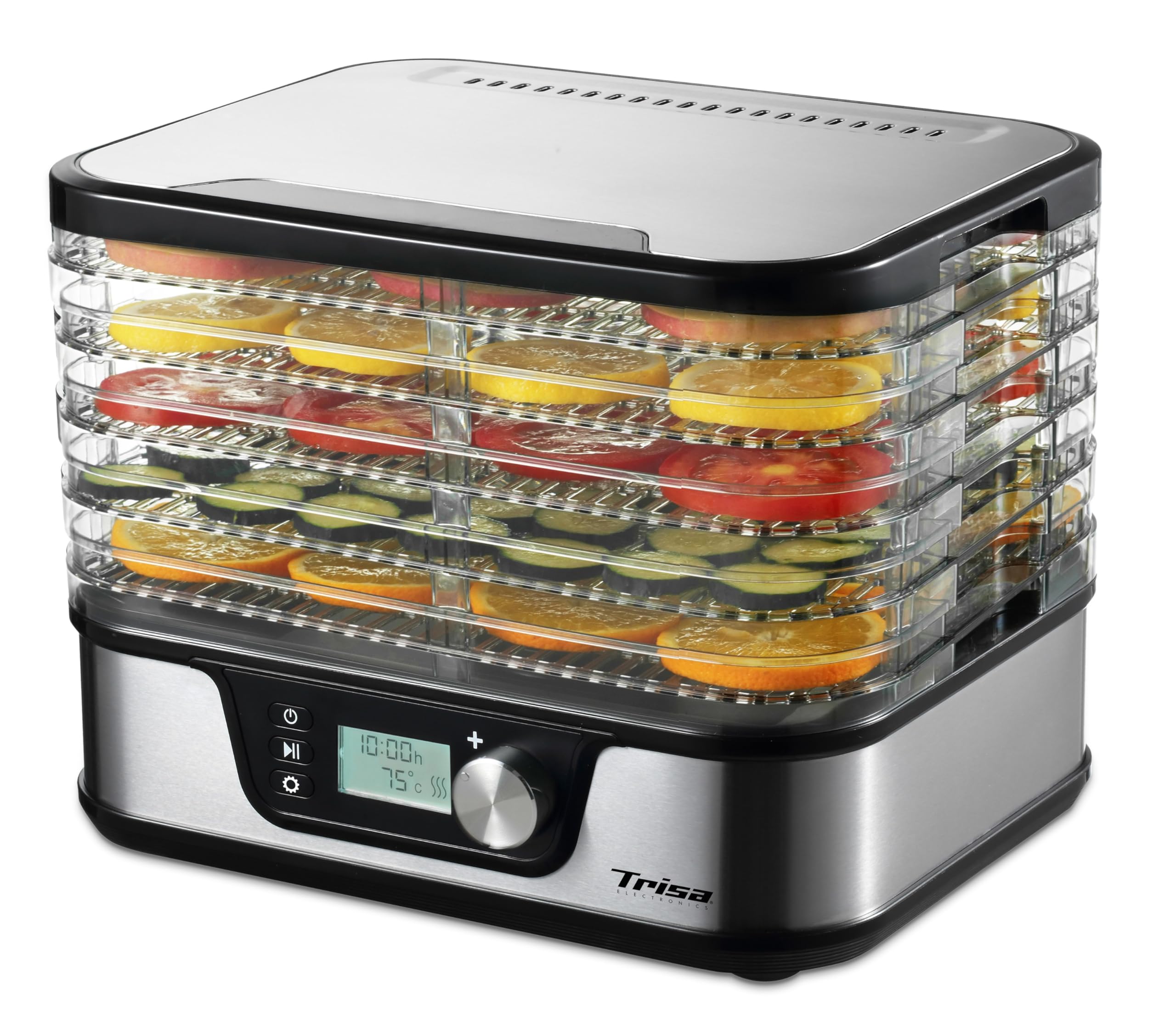 Trisa Healthy Snack Dörrautomat, 380W, 35-75°C, LCD-Display, 5 Jahre | 380W Umluft-Dörren, 35–75°C präzise regelbar, LCD-Display mit Timer, Wählbar 3 oder 5 Gitter, Kräuternetz inklusive