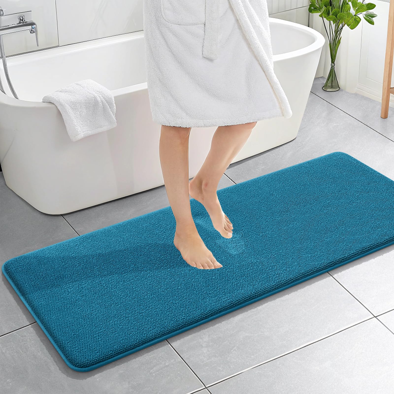 OLANLY Memory Foam Bathroom Runner Rugs 59x20, Long Bath Mats, Peacock Blue