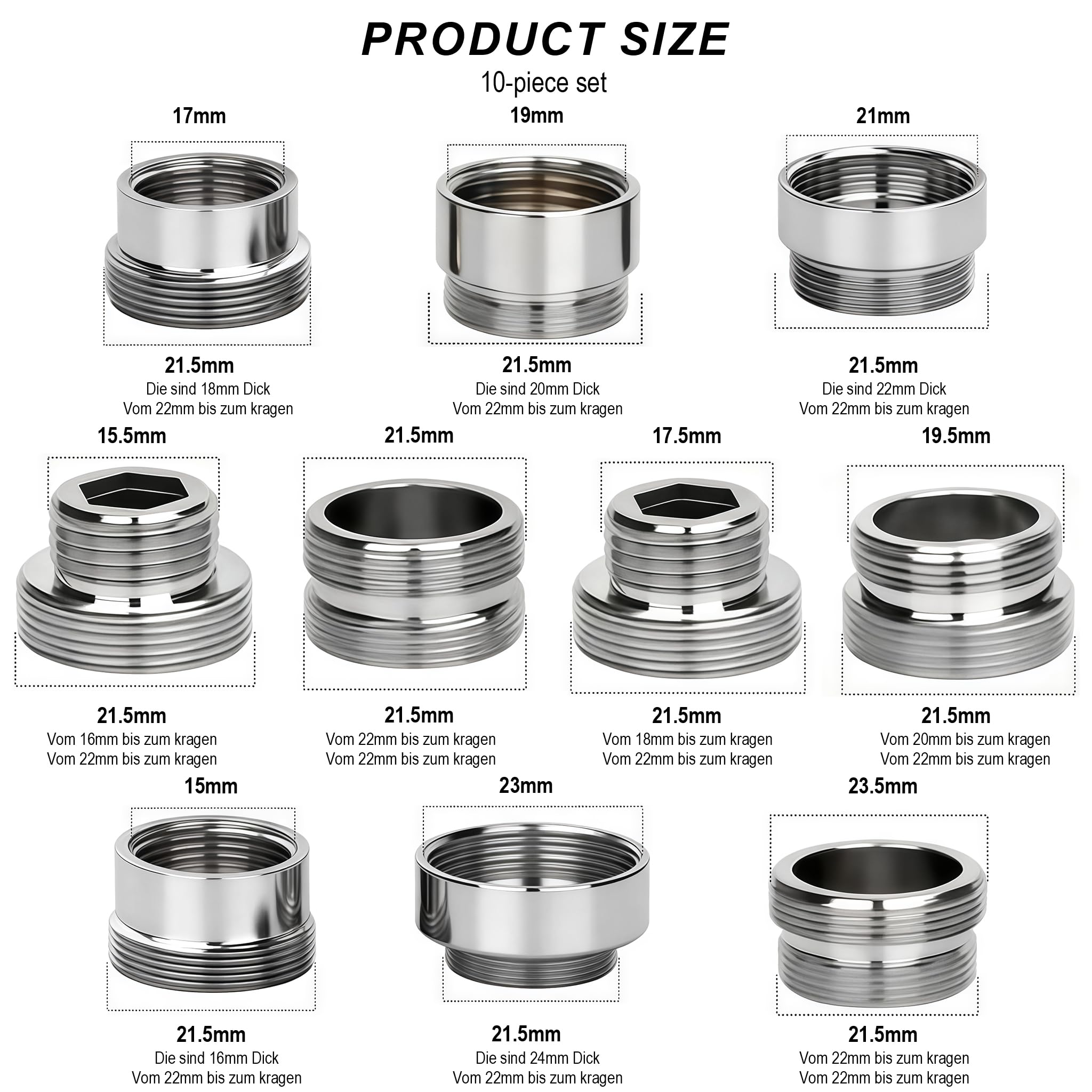 Set da 10 Adattatori Universali per Rubinetto in Ottone, Raccordo Doppio Maschio/Femmina per Tubo da Giardino, Frangigetto, Lavandino & Cucina, Impermeabile e Anti-Corrosione