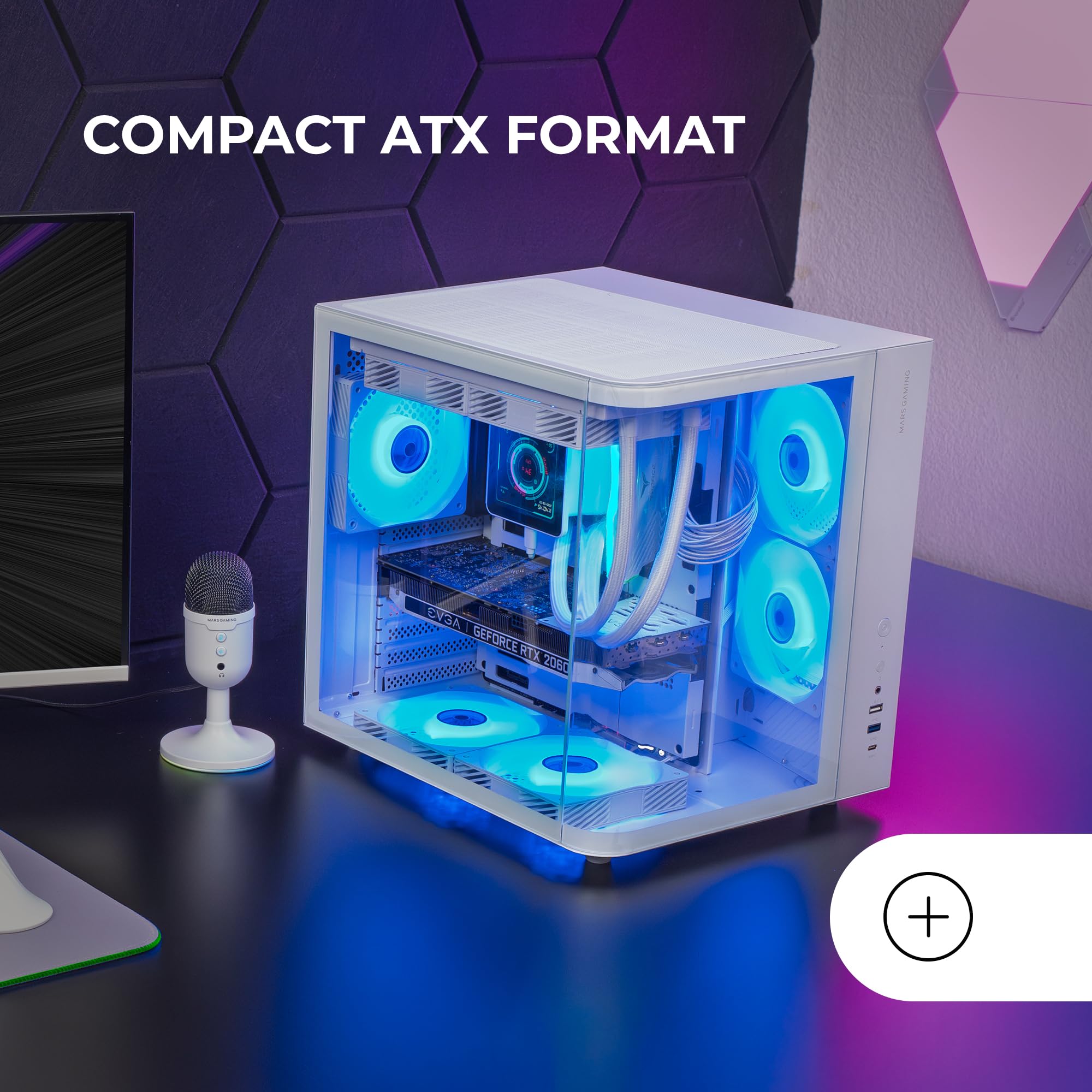 Mars Gaming MC-CURV, Case Gaming ATX, Triplo Vetro Temperato Curvo Continuo Frontale e Laterale, Struttura a Doppia Camera, Semitorre PC Compatta con Grande Capacità Interna, USB-C e USB 3.0, Bianco