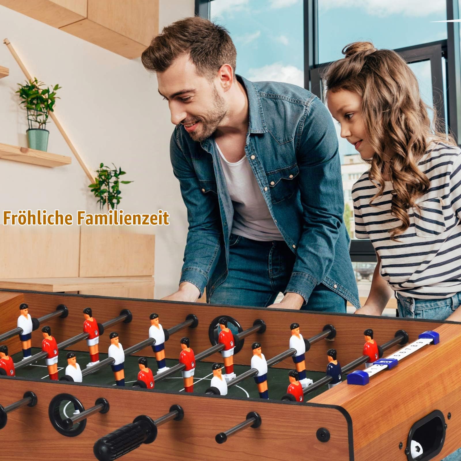 DREAMADE Kickertisch klappbar, Tischkicker inkl. 2 Bällen und 18 Spielfiguren, Stabiler Fußballtisch aus Holz, Fußball-Spieltisch für Kinder und Erwachsene, für Spielzimmer, Partys, Holzfarbe