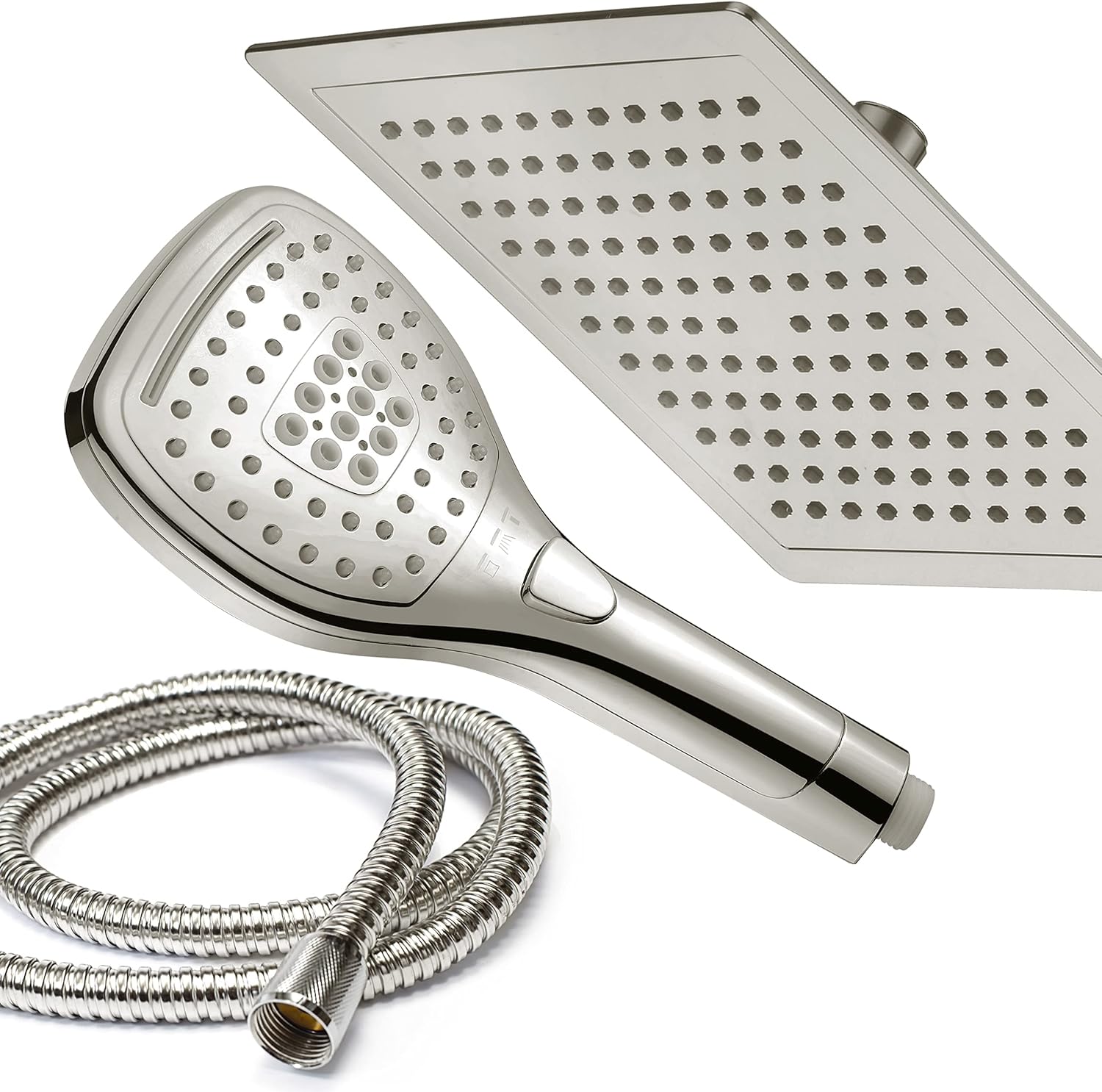 DreamSpa Ultra-Luxury 9" Rainfall Shower Head/Handheld Combo. Convenient Push-Button Flow Control Button for easy one-handed operation. Switch flow settings with the same hand! Satin Nickel