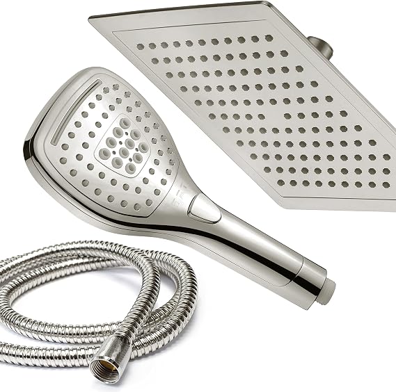 DreamSpa Ultra-Luxury 9-inch Square Rainfall & Handheld Shower Head Combo | Enjoy Extra-wide Flow Coverage and Convenient Push-button Hand Shower Mode Control. Premium Stainless Steel Hose / Nickel
