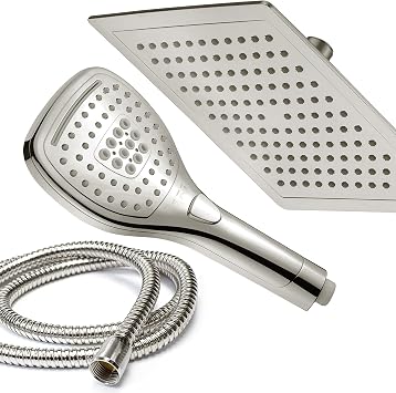 DreamSpa Ultra-Luxury 9-inch Square Rainfall & Handheld Shower Head Combo | Enjoy Extra-wide Flow Coverage and Convenient Push-button Hand Shower Mode Control. Premium Stainless Steel Hose / Nickel