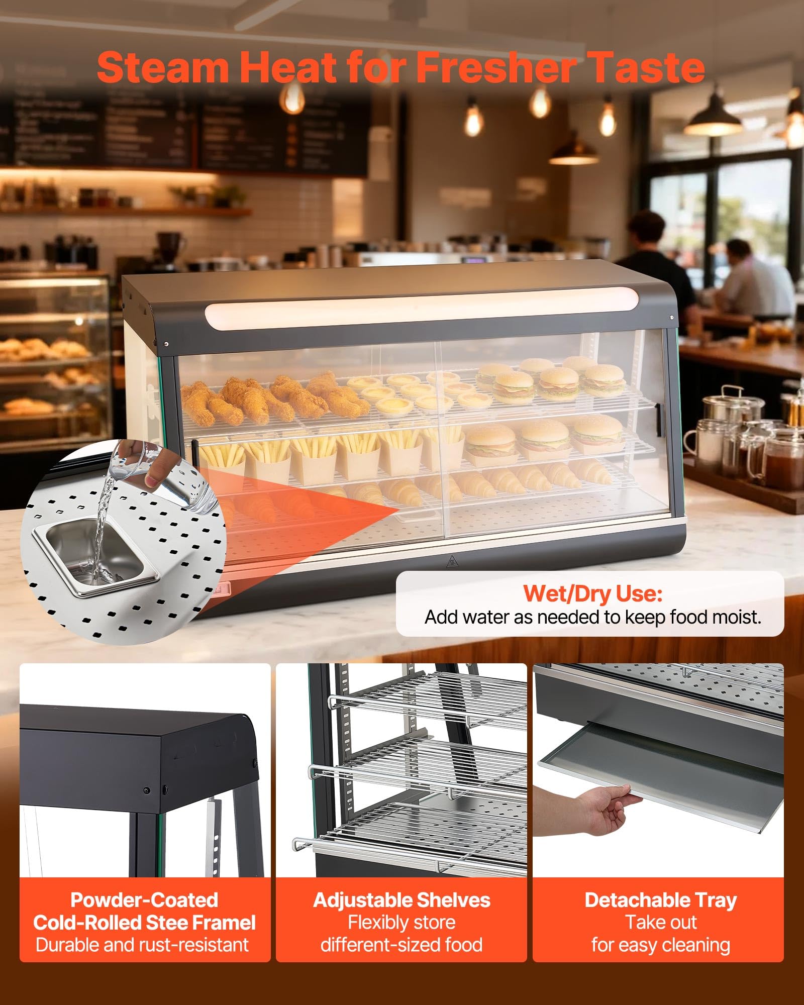 VEVOR Vetrina Calda per Alimenti Cibo a 3 Livelli, Espositore Scaldavivande da 1600 W con Luce LED, Vano Portaoggetti Superiore e Ripiani Regolabili, per Hamburger, Pizza, Pane, Pollo Fritto