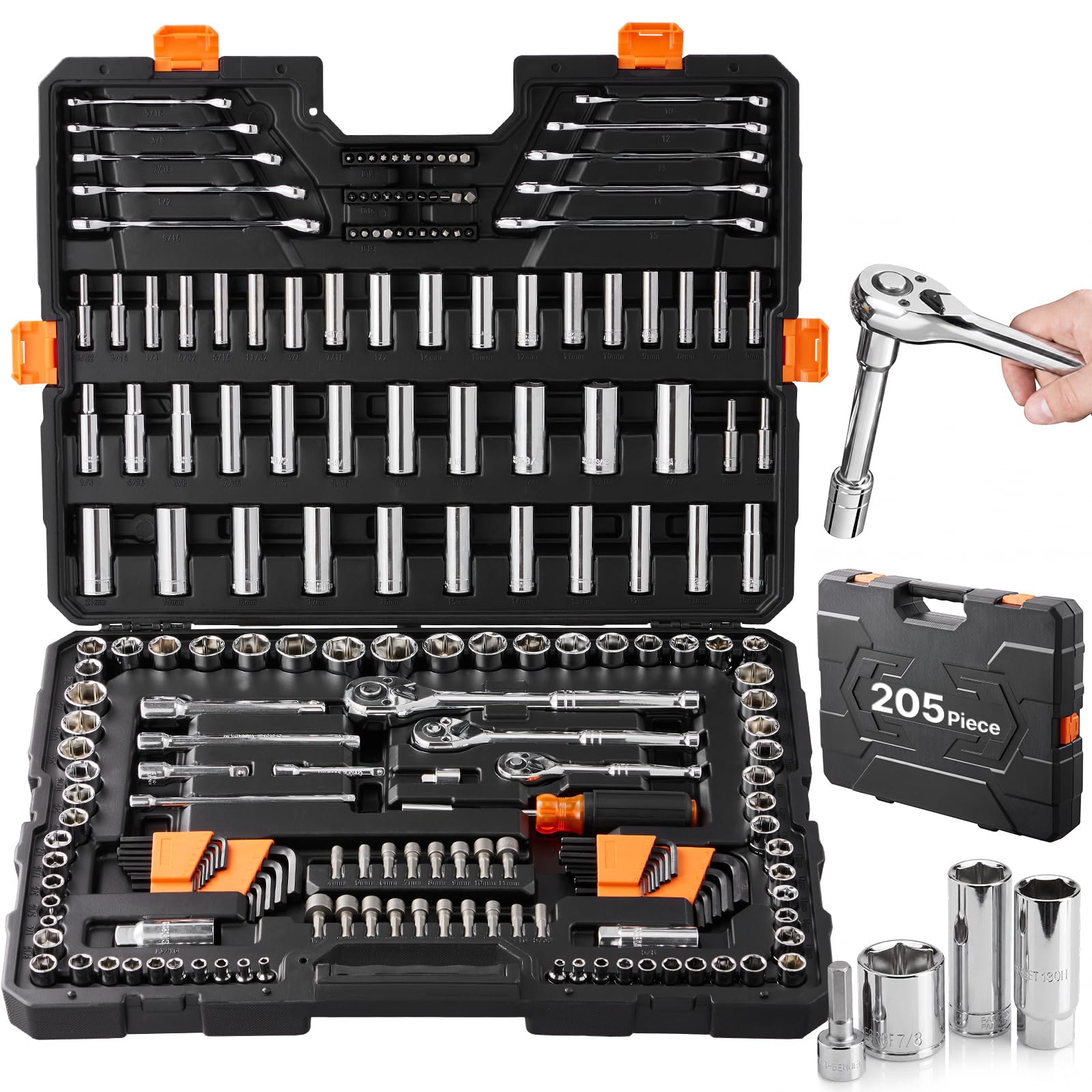 VEVOR Mechanics Tool Set, 205 Pcs SAE and Metric Sockets, 1/4" 3/8" 1/2" Drive Deep and Standard Sockets, Chrome Vanadium Steel, Polyethylene
