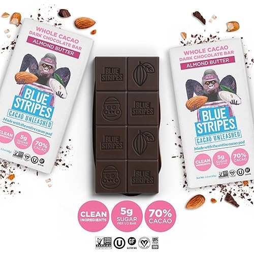 Miniatura 4 de Blue Stripes Barra de chocolate negro con mantequilla de almendras y cacao entero, 2.1 onzas
