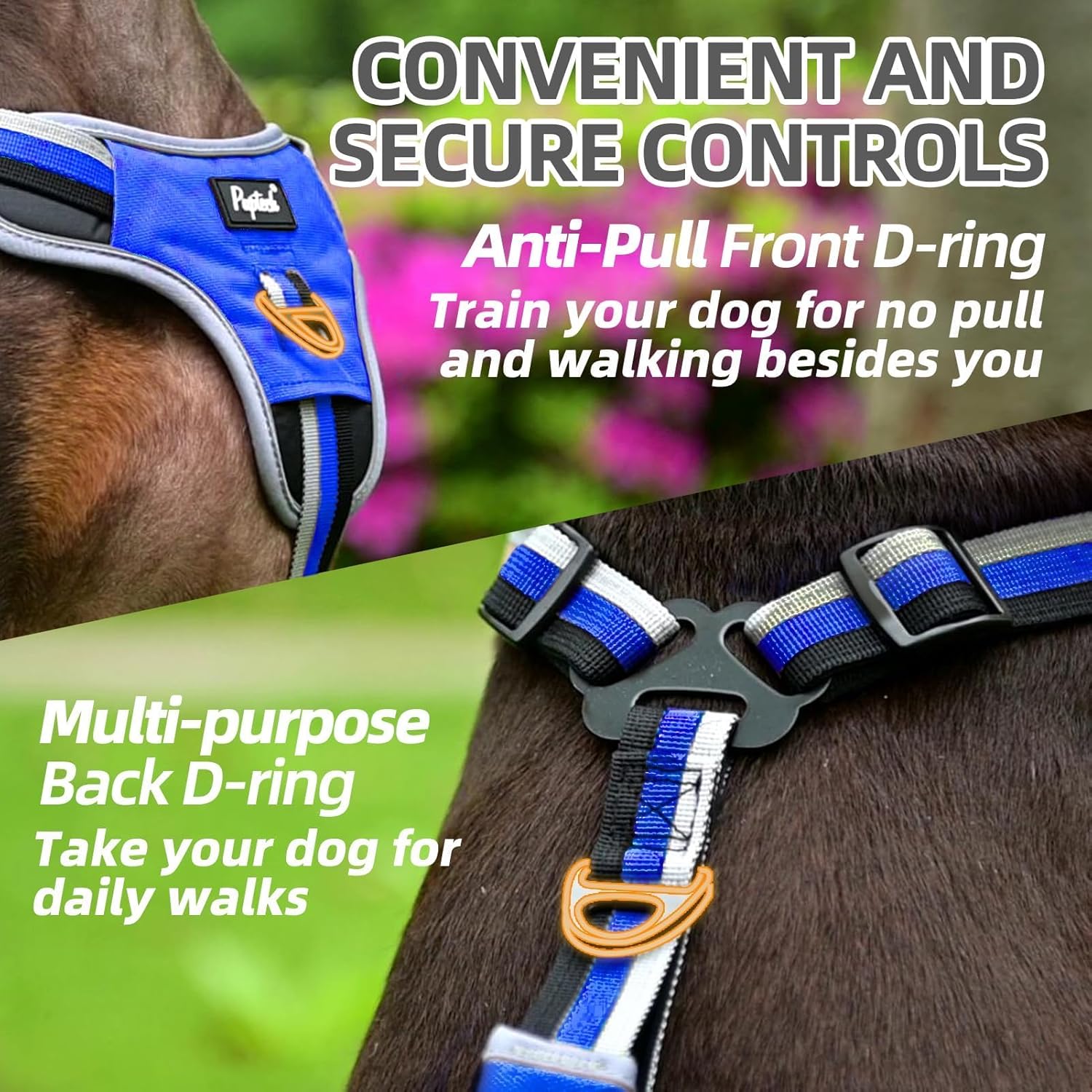 PUPTECK Escape Proof Dog Harness with Padded Handle, No Pull Pet Vest Harness Durable Reflective for Medium Large Dogs Walking Training and Running, Navy Blue, L