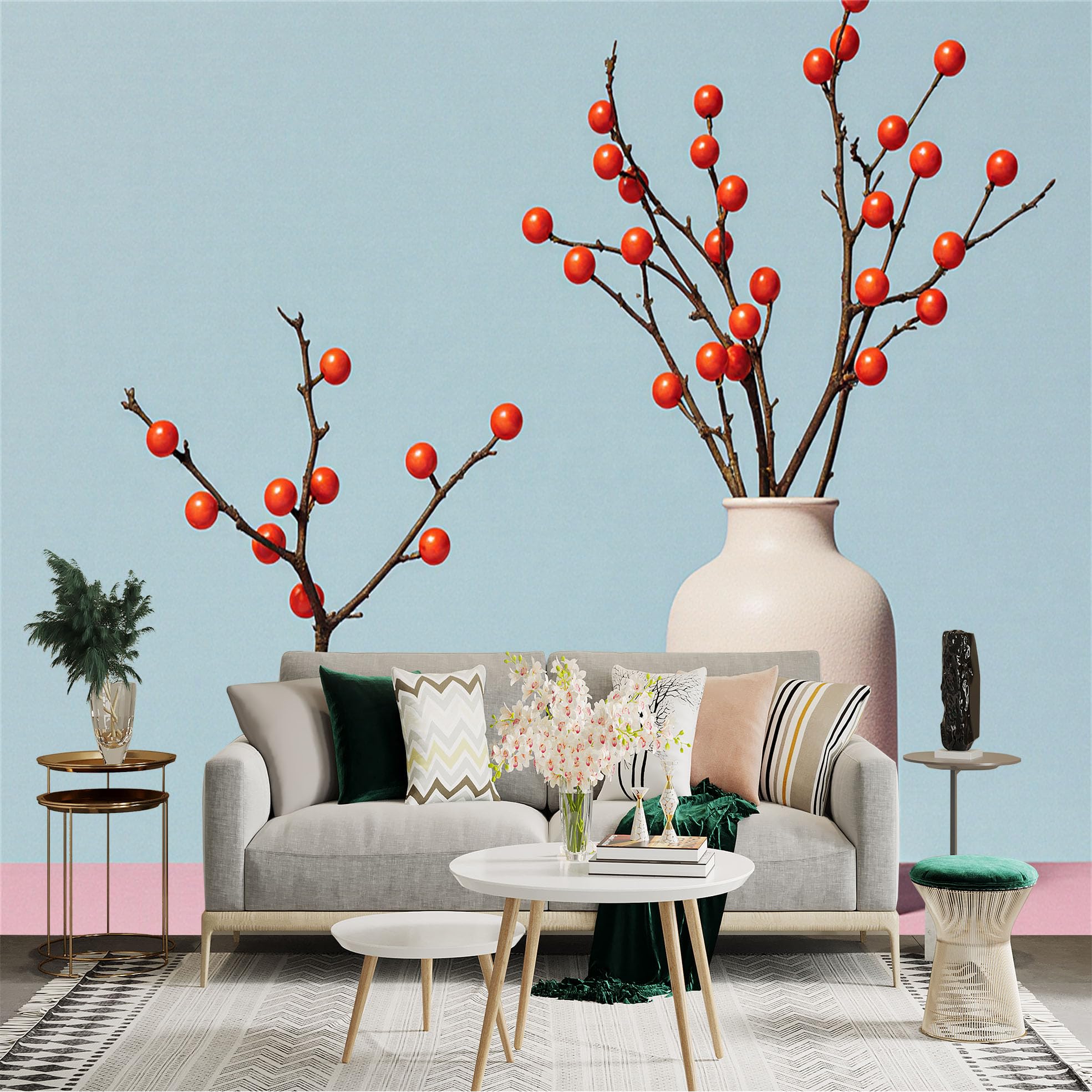 Custom Size Wall Sticker Mural， Minimalist Ceramic Vases with Red Berries， Modern Still Life Art， Pastel Blue and Pink Background， for wall Decoration， peelandstick wall Decals.