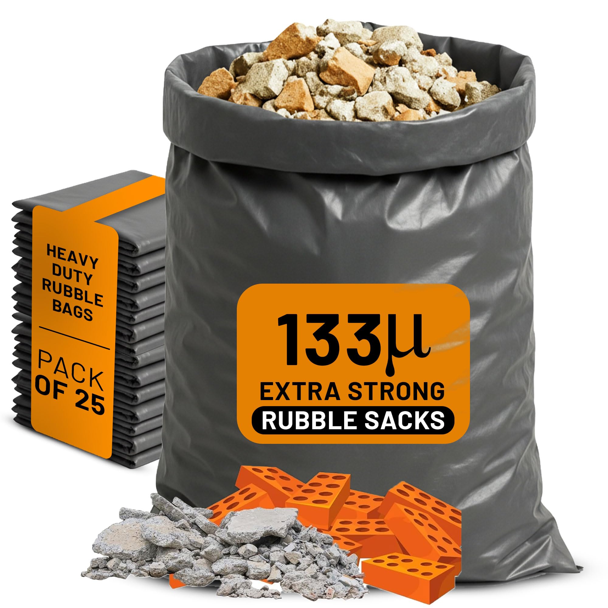 Heavy Duty Rubble Sacks – Extra Strong 133 Micron Rubble Bags 20 x 30 inch, Tear Resistant Builders Bags for Construction Waste, Household, Timber and Gravel 100kg Load (Grey, 25 Pack)-image-38