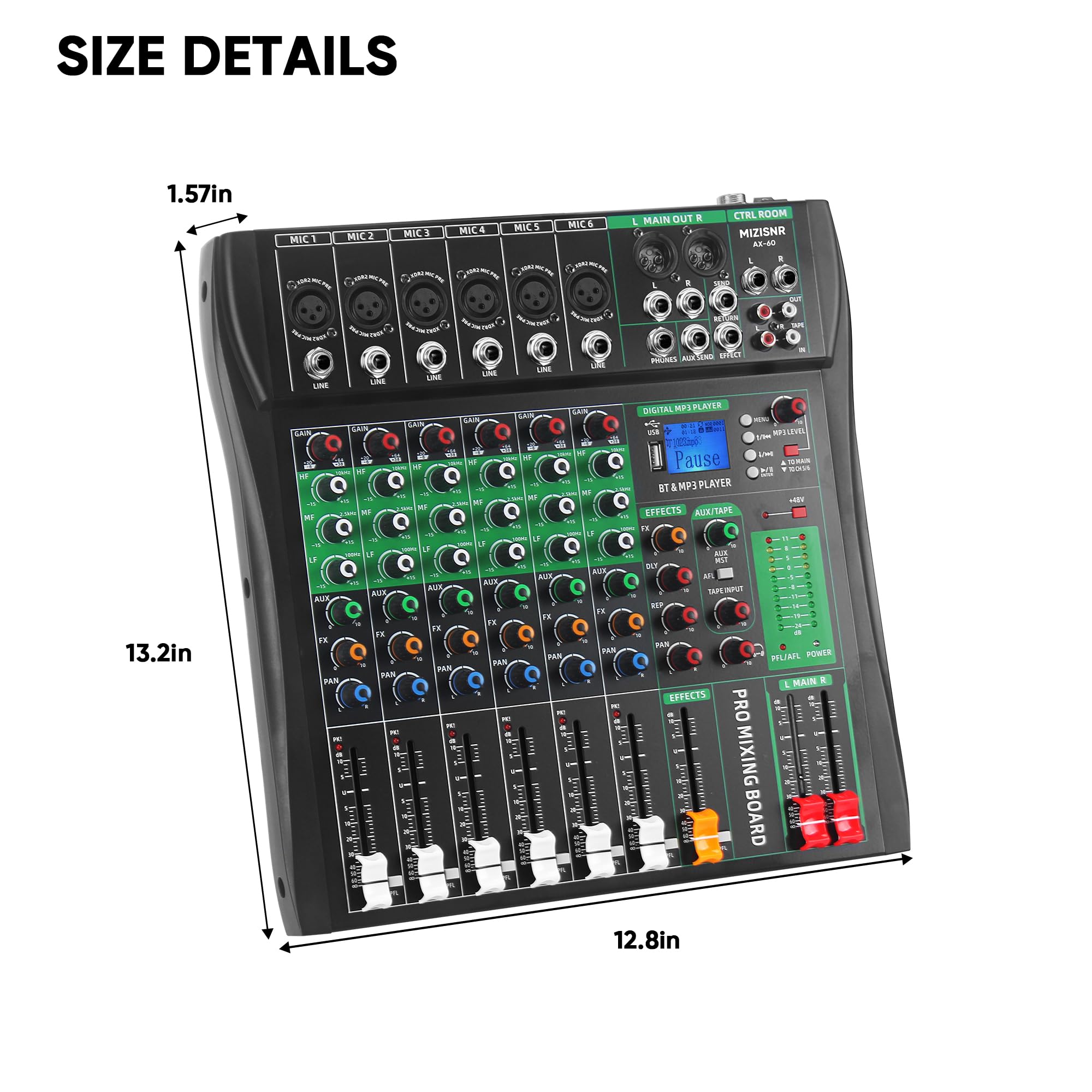 6 Channel Audio Mixer, Professional DJ Mixer Board Sound Music Mixing Console Digital Mixer with Reverb, Bluetooth, USB Port, 48V Phantom Power for Recording Karaoke Podcasting