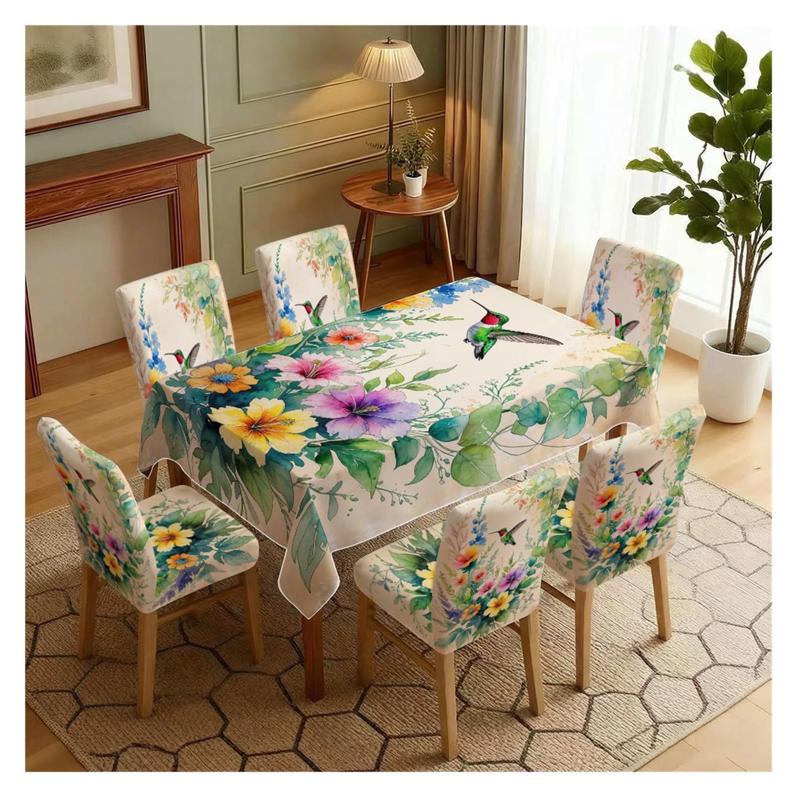 BOSUYBN Watercolor Hummingbird Wild Floral Printed Dining Tablecloth & Chair Covers Set, 5/7 Piece Boho Fresh Garden Home Decor Table Setting(7pcs Set: Tablecloth+Chair Covers)