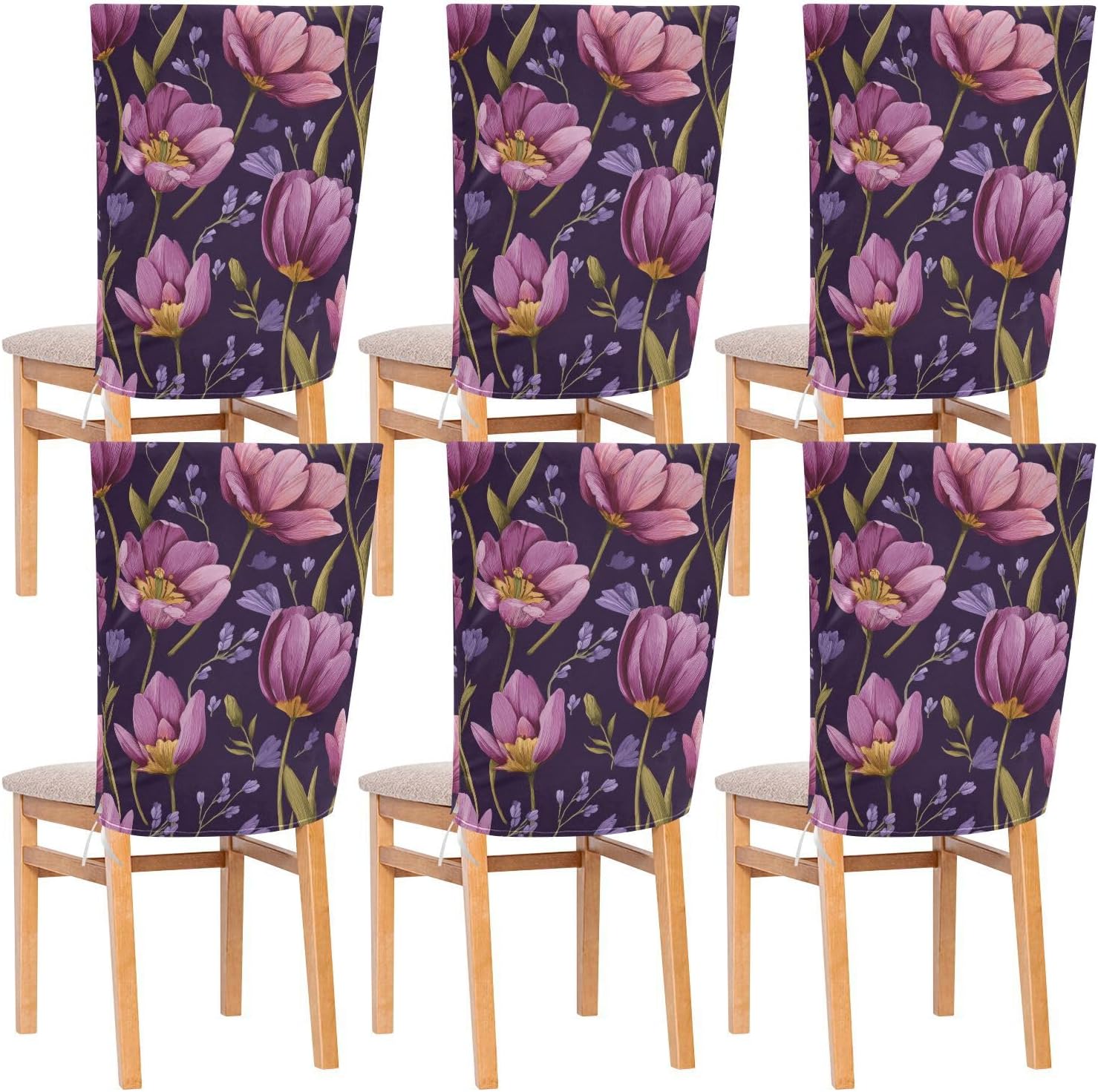 ALAZA Lavenders Tulip Flowers Chair Back Cover Set of 6, Washable Reusable Removable Chair Slipcovers Decorative Chair Cover for Home Kitchen Wedding Party