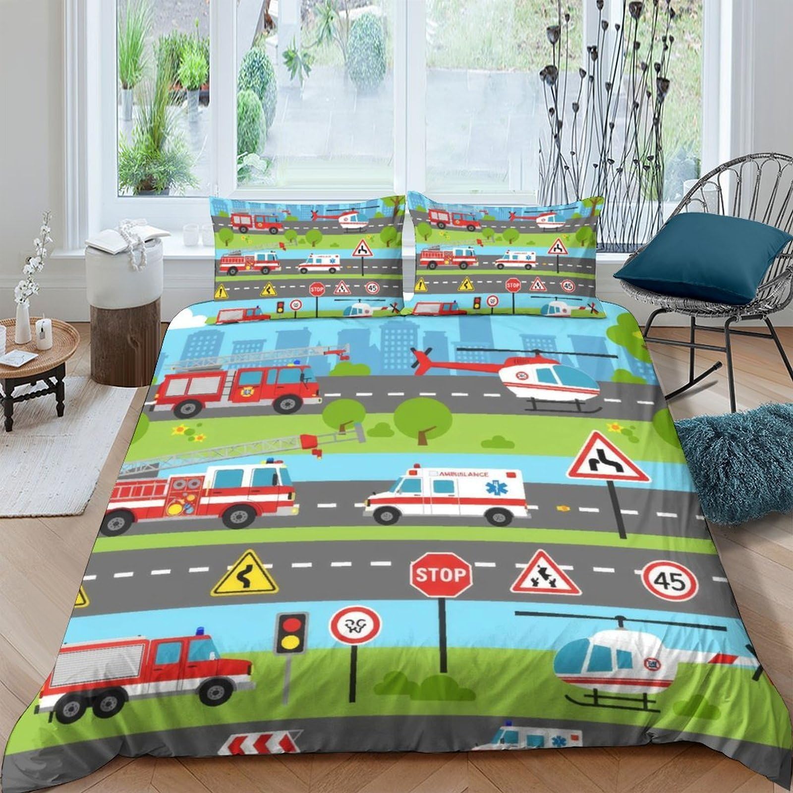 Ctjqhvkz Style-2 3D Printed Fire Truck Road Fitted Sheet Microfiber Soft Breathable Ambulance Bed Cover For Bedroom Children Decor Single（135X200cm）
