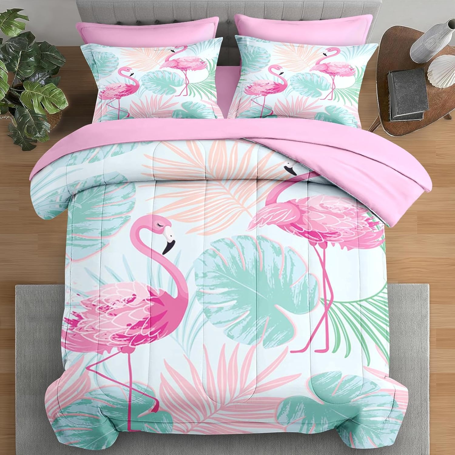 Comforter Set Twin Size, Tropical Flamingo Pink 5 Pcs Bedding for Kids and Adults, Hawaii Palm Plant Summer Bed Sheet Sets with Fitted Sheet Pillowcase & Sham for Bedroom Bed Decor