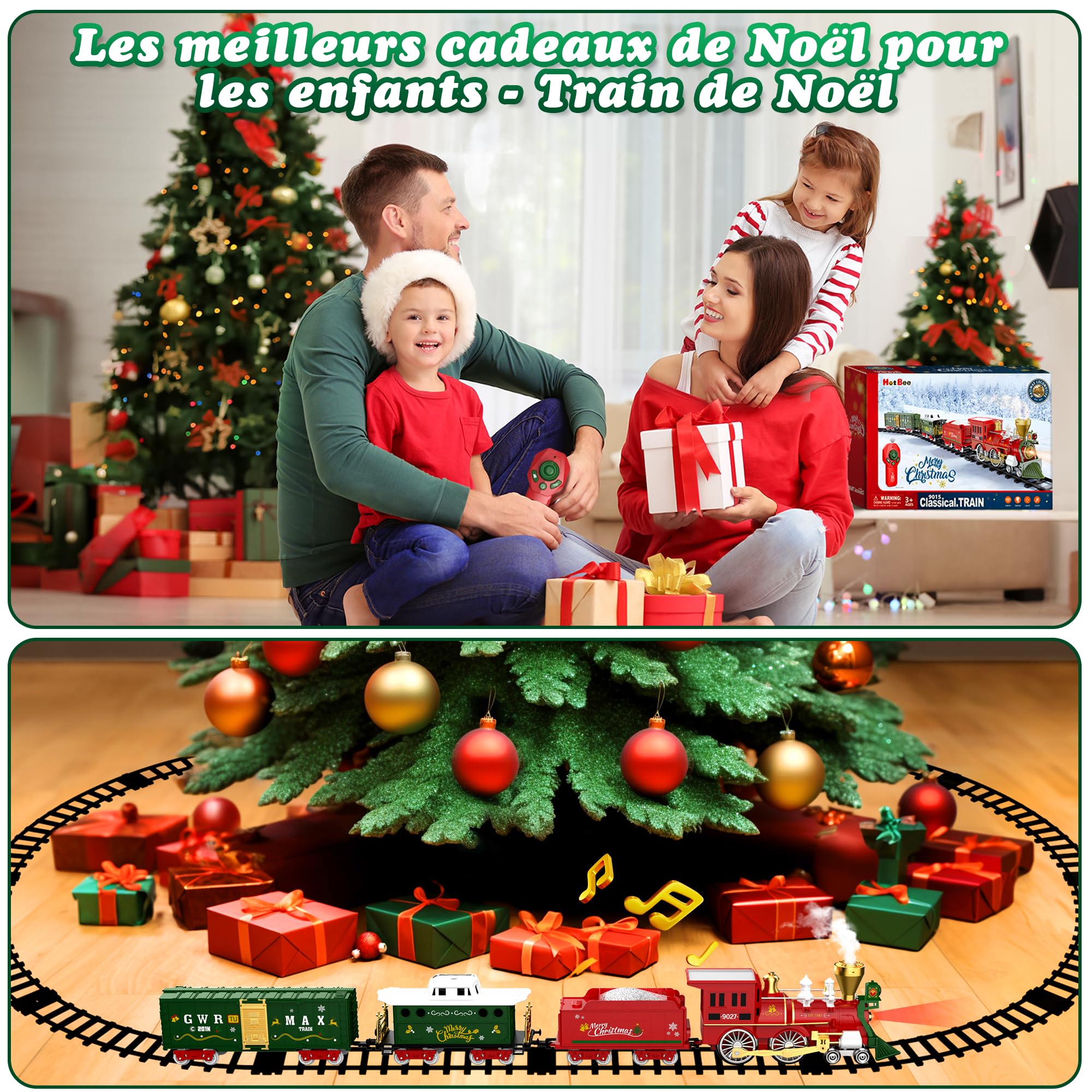 Hot Bee Train de Noel Electrique pour Sapin avec Télécommande, Petit Train Noel avec Fumée, Lumières et Sons, Enfant Cadeau Garcon 3 4 5 6 7 Ans