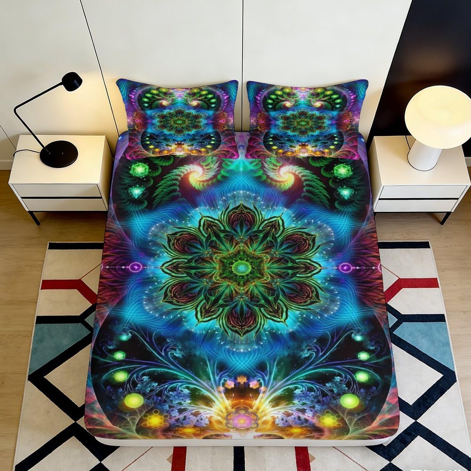 3D Printed Psychedelic Mandala Fitted Sheet Microfiber Vibrant Abstract Mattress Cover Bedroom Dorm Protector Decor 200x200x25cm