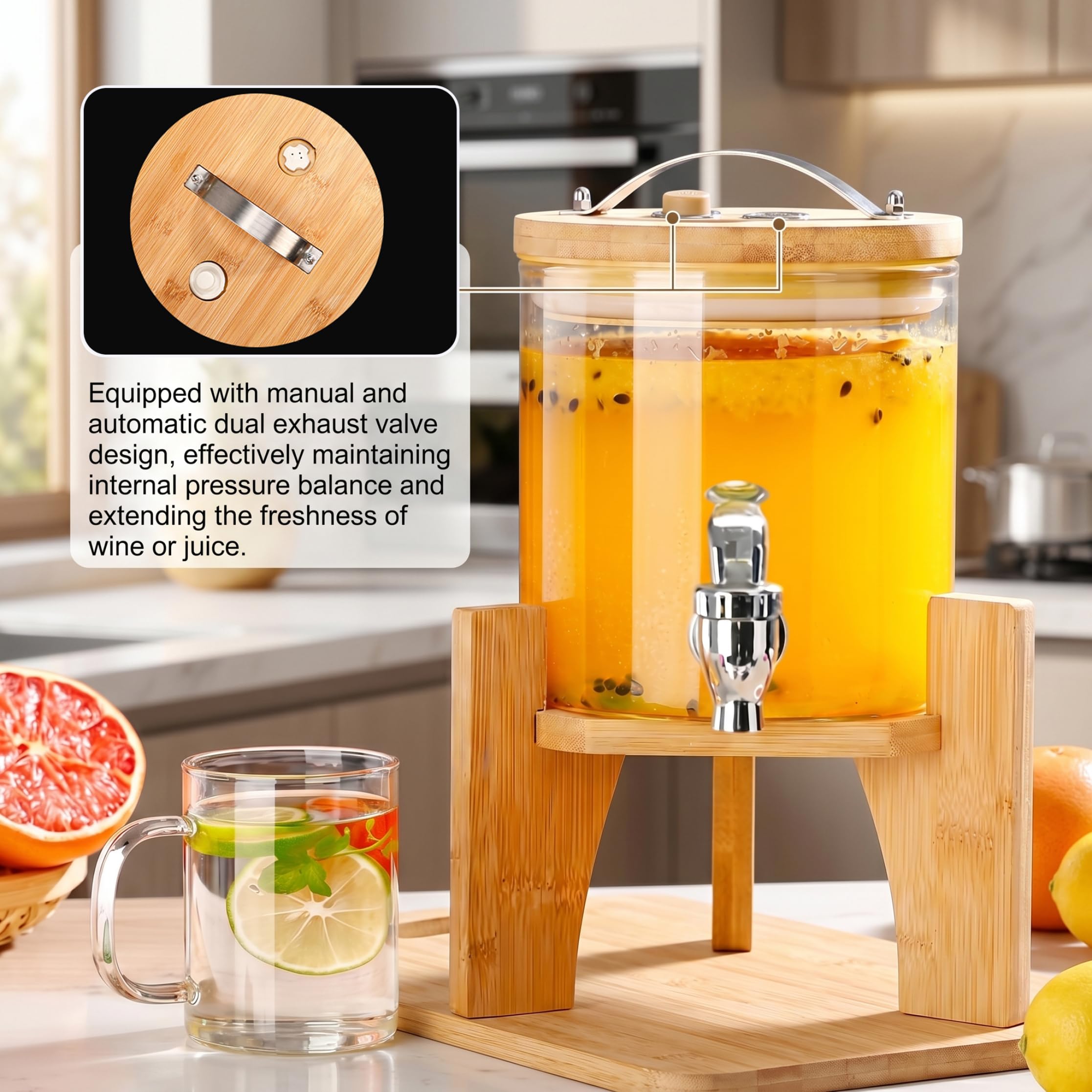 Getränkespender mit Ständer, 1, 5 l Glas-Getränkespender mit Bambusständer und Zapfhahn zum Selbstbrauen von Säften, Eisgetränken. Eisgetränkespender aus Glas