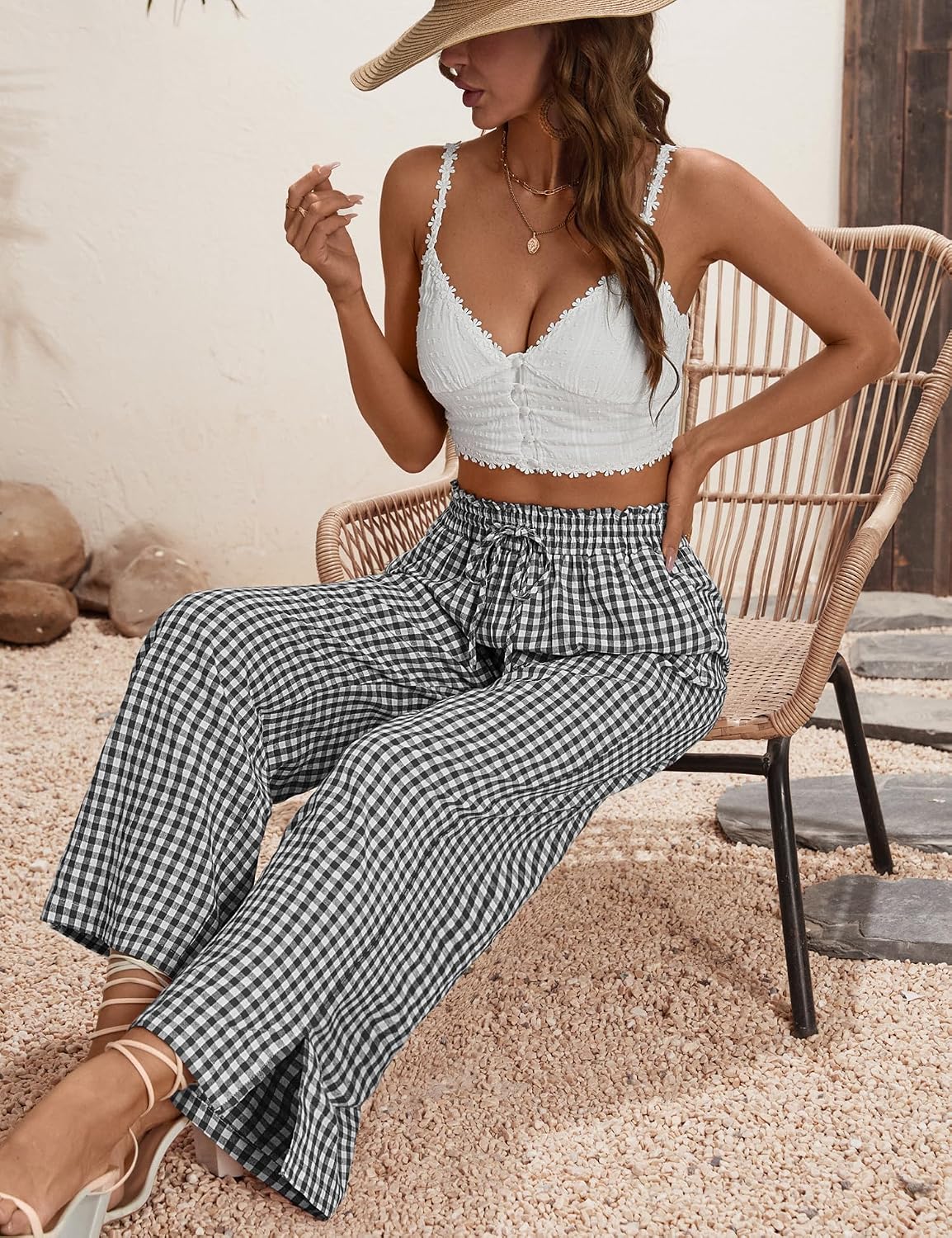 Rapbin Wide Leg Pants Woman Palazzo Pants High Waisted Drawstring Spring Summer Casual Flowy Trousers with Pockets