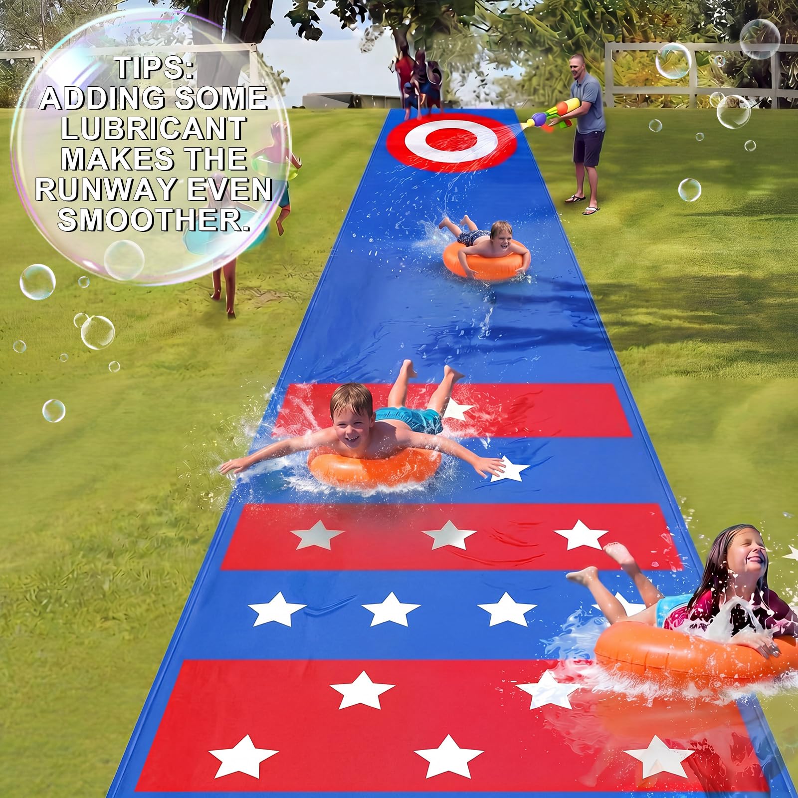 Hungdao Tobogán acuático extra largo de 33 x 5 pies, juguete para lanzar toboganes acuáticos con 2 bodyboard, tobogán acuático resistente para niños y adultos, tapete de verano al aire libre para