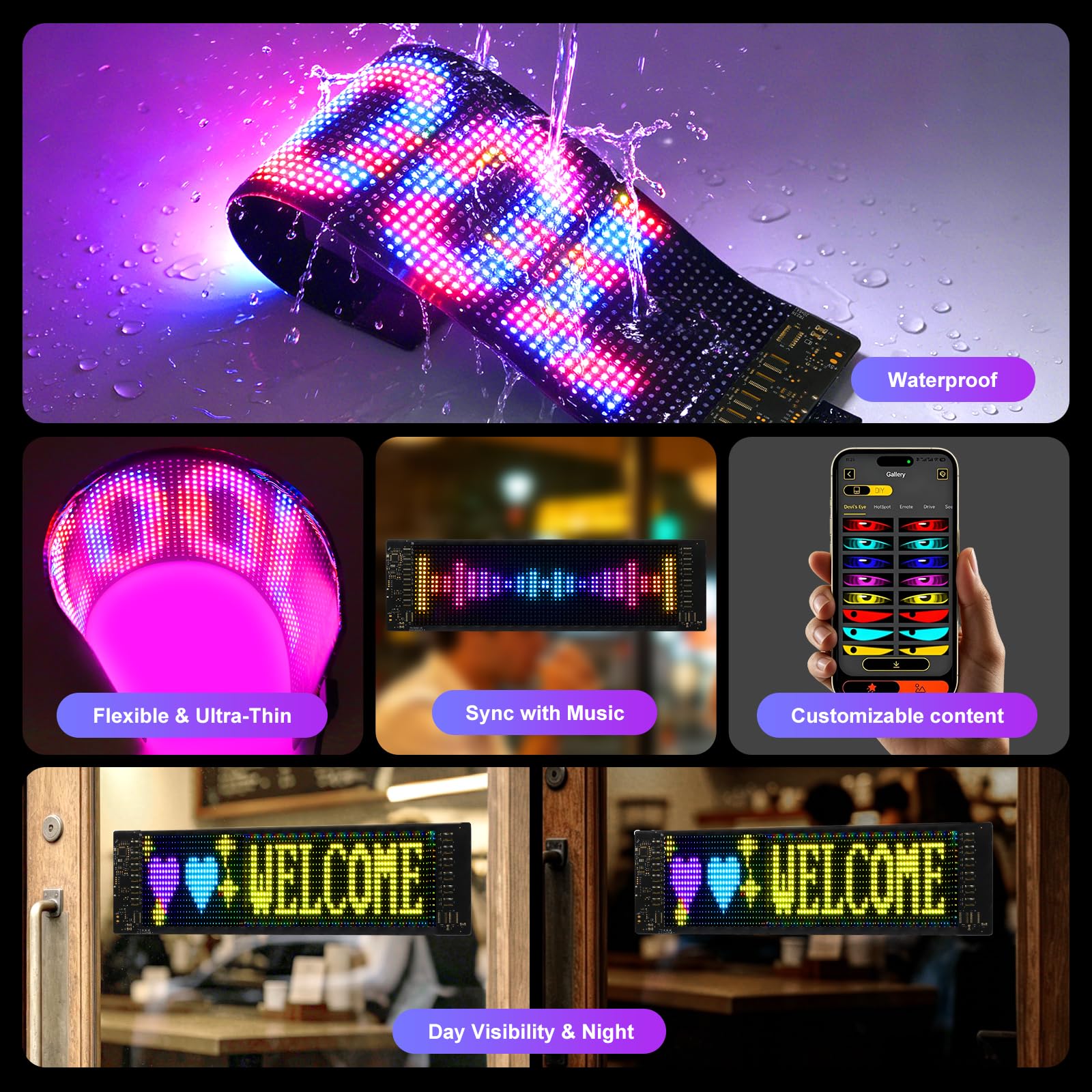 LUXONIC Super Brighter 59.5x12CM ProgrammabileInsegna Luminosa LED, personalizzabile, flessibile, Bluetooth APP & telecomando, USB 5V Occhi Pannello Led RGB impermeabile per Auto, negozio, bar, festa
