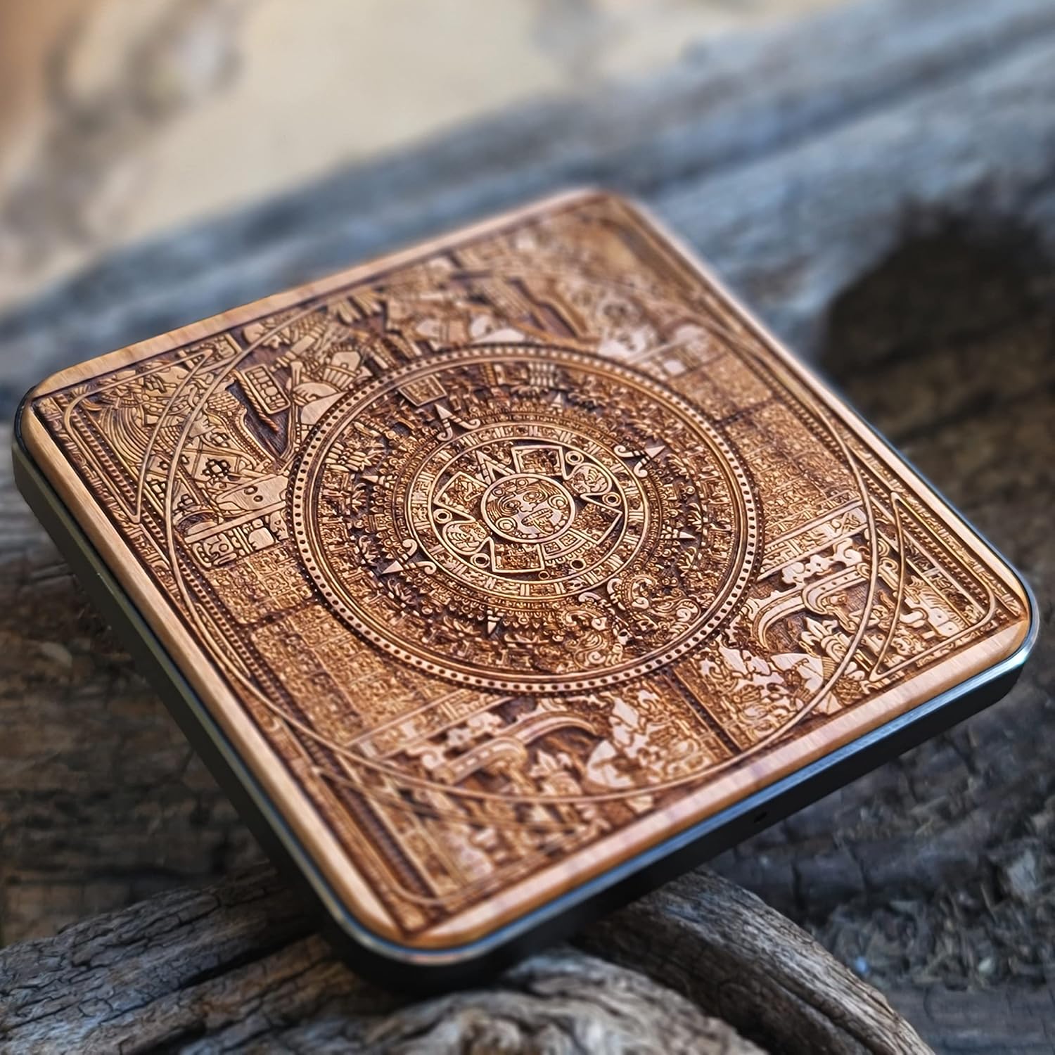 15W Wireless Charger – Laser Engraved Aztec Calendar Design on Cherry Wood | Fast Qi Charging Pad with Black Aluminum Base | for iPhone 16, Galaxy S25, S24 | Tribal Art Desk Decor