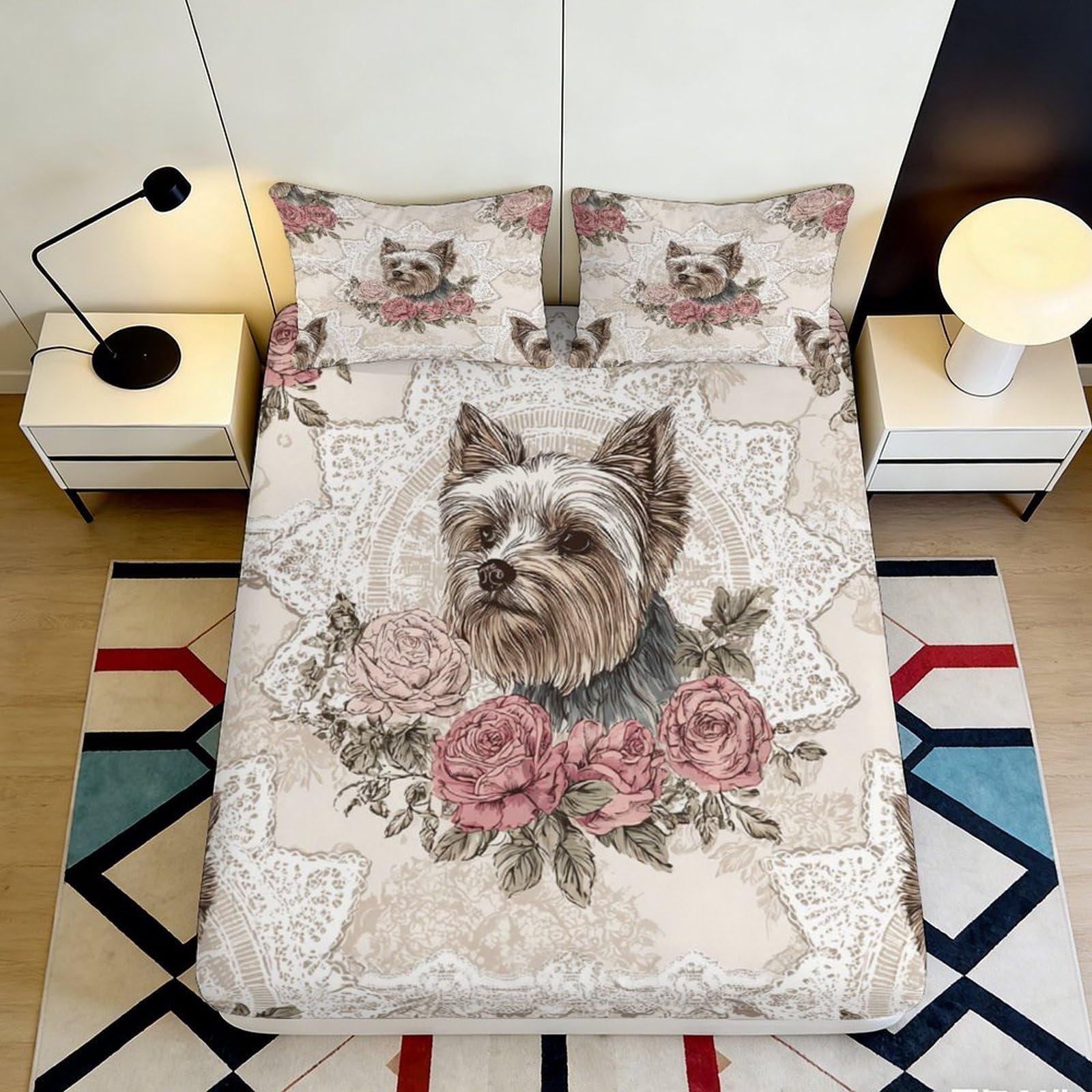 Pnayamiorkfel Style-5 3D Printed Yorkshire Terrier Floral Fitted Sheet Microfiber Non-Slip Bed Cover For Bedroom Guest Room Decor 90X200x25cm