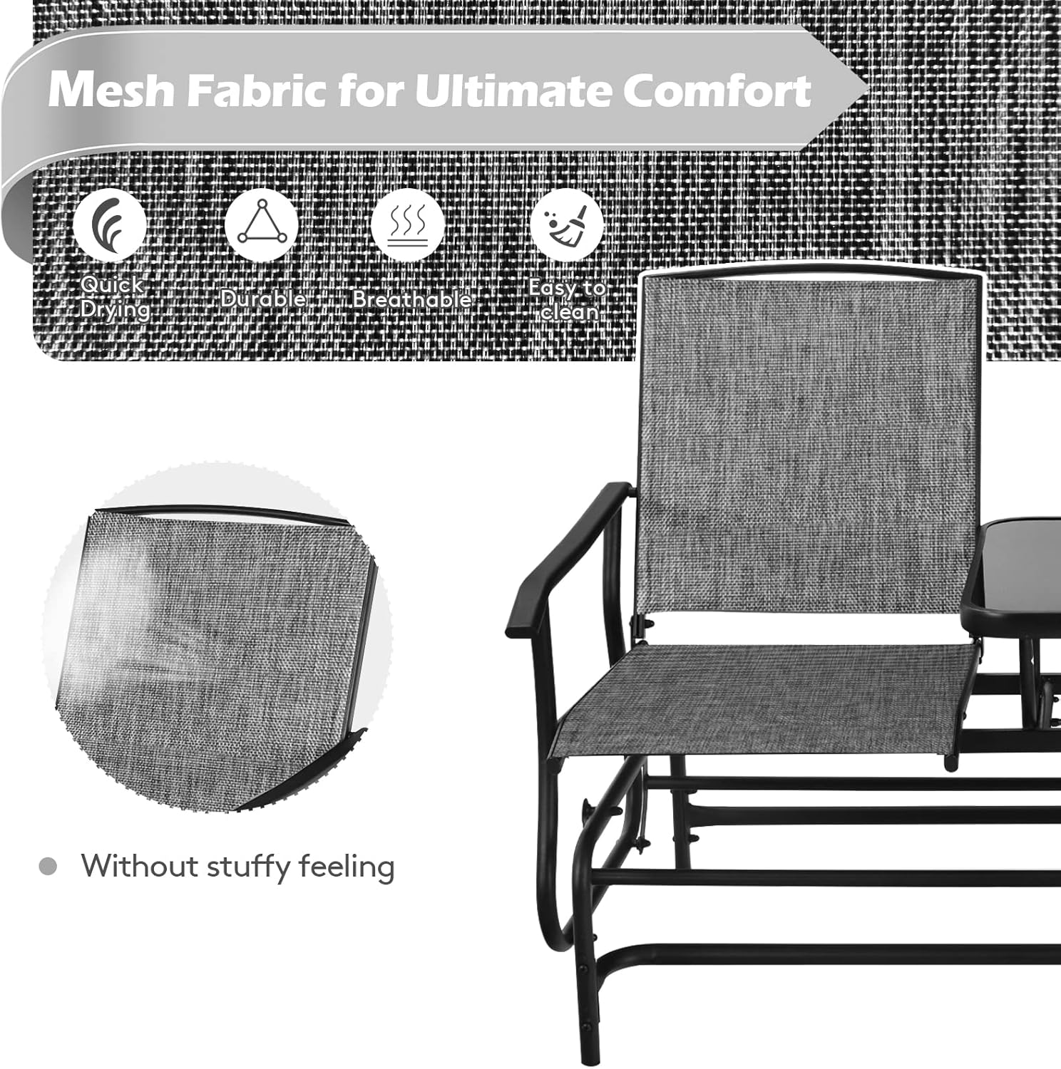 S AFSTAR 2-Person Outdoor Glider, Patio Glider Bench Chairs with Center Tempered Glass Table & Breathable Loveseat, Double Swing Glider Chair for Porch Garden Poolside Balcony Lawn (Gray)