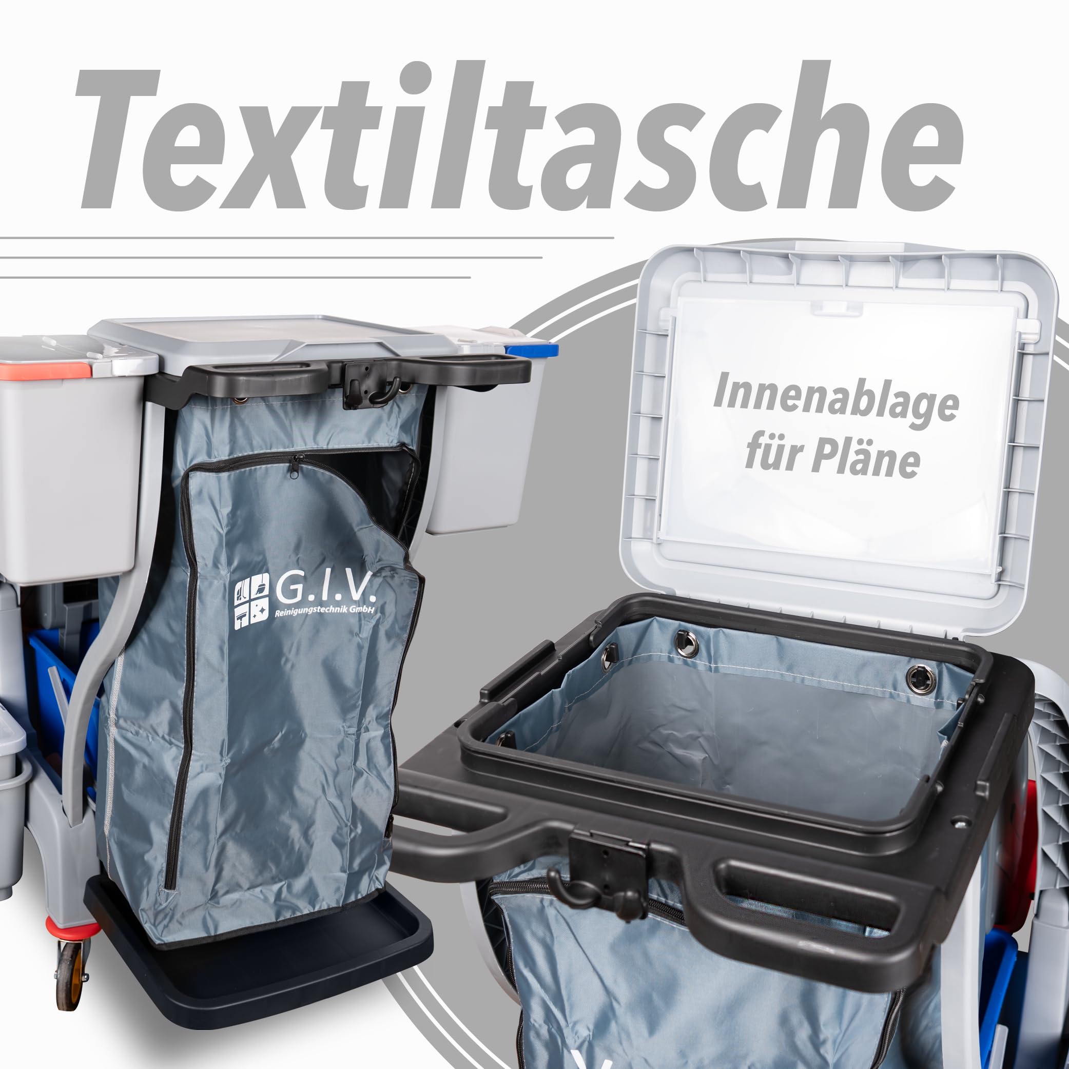 G.I.V. Multifunktions Reinigungswagen - Putzwagen mit Vertikalpresse, 2x18L Eimer, 4-Farbsystem Eimer + Deckel je 6L, zusätzlicher Putzeimer, Dauerabfallsack, leise Räder, Halterungen für Stiel + Mopp