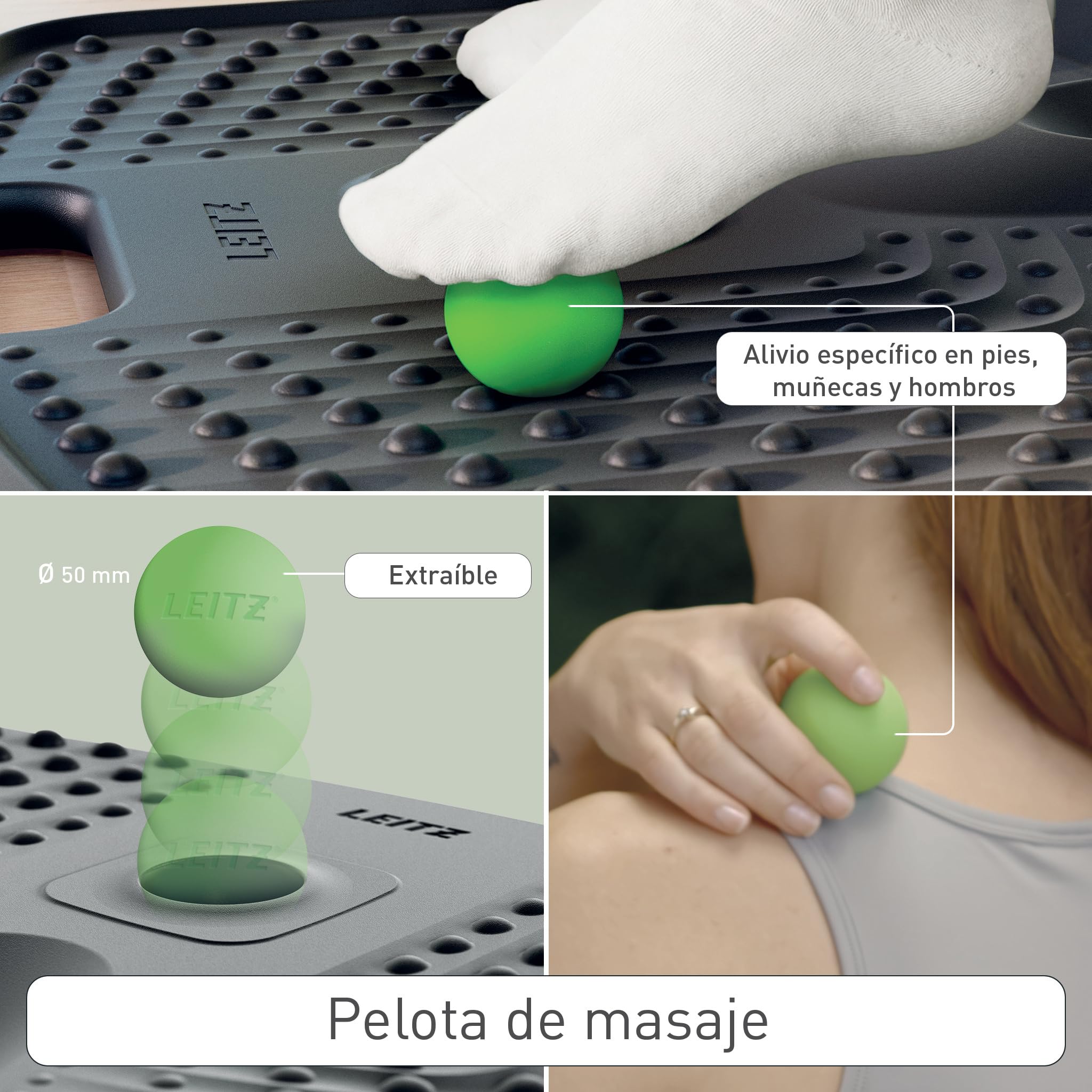 Leitz Ergo Alfombrilla Ergonómica Antifatiga para Escritorio de Pie – Espuma de PU, Fácil Limpieza, Bola de Masaje Extraíble para Alivio de Tensión Postural