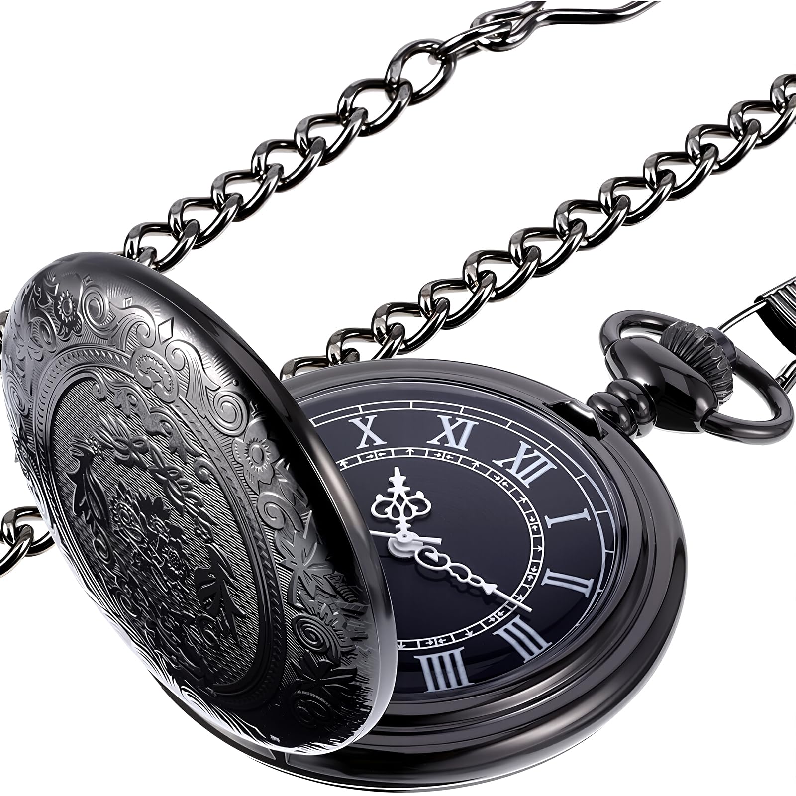 Quartz Pocket Watch for Men with Black Dial and Chain