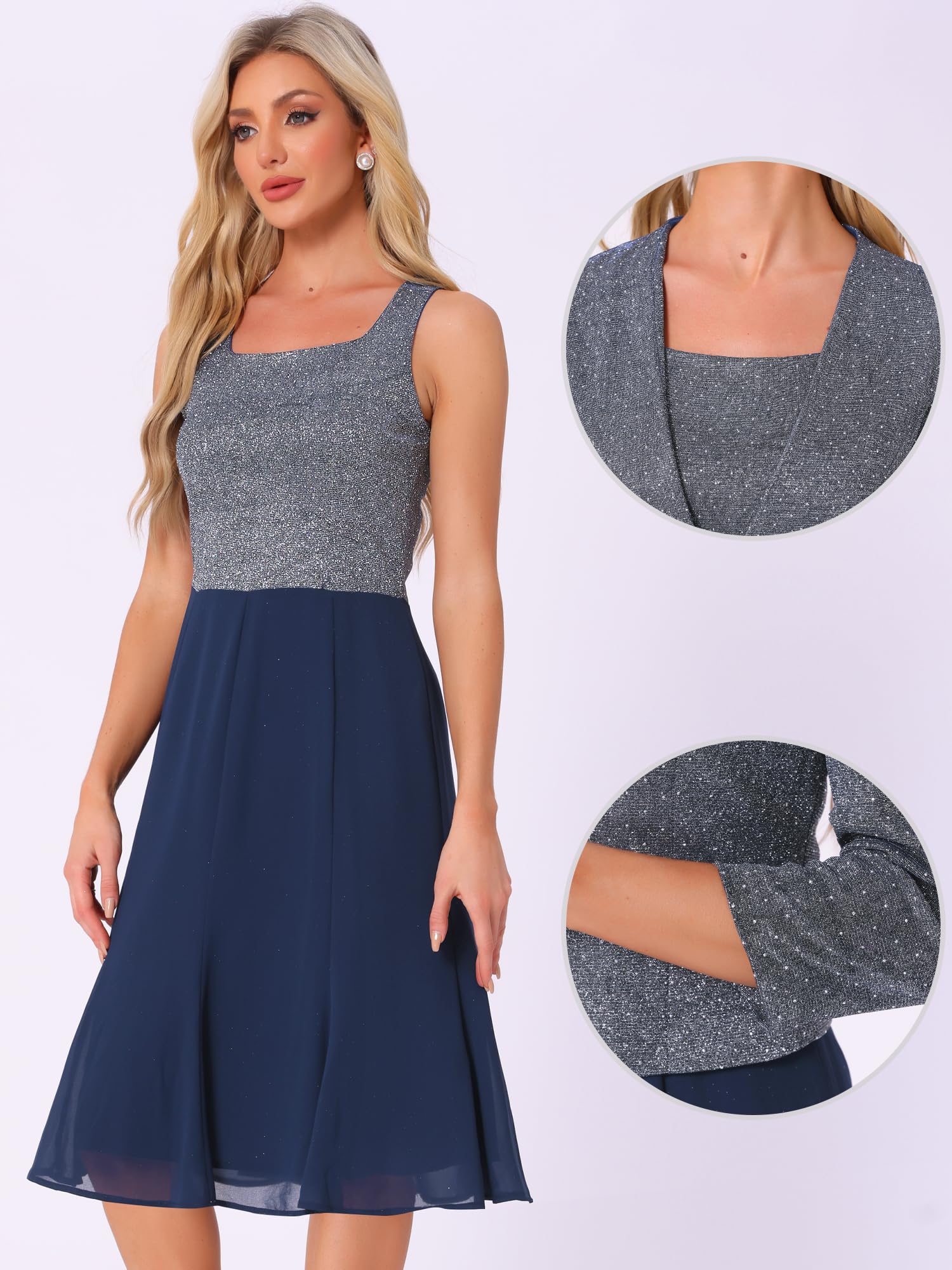 Allegra K Damen Kleid Anzug Sets 2-Teilig Kontrast A-Linie Fließende Kleide Pailletten Jacke