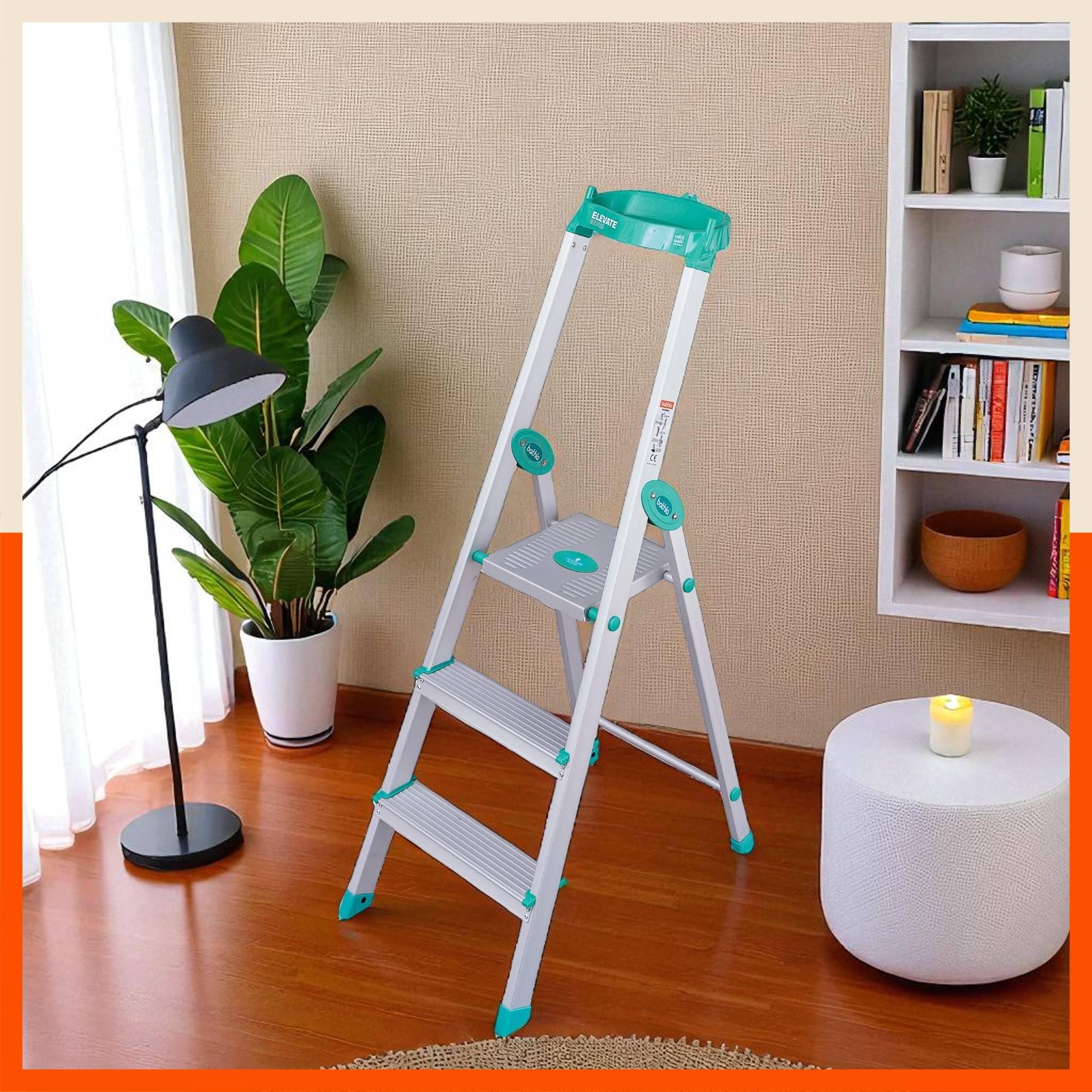 Bathla Elevate 3-Step Foldable Aluminium Ladder for Home with Tool Tray (Teal)-image-4