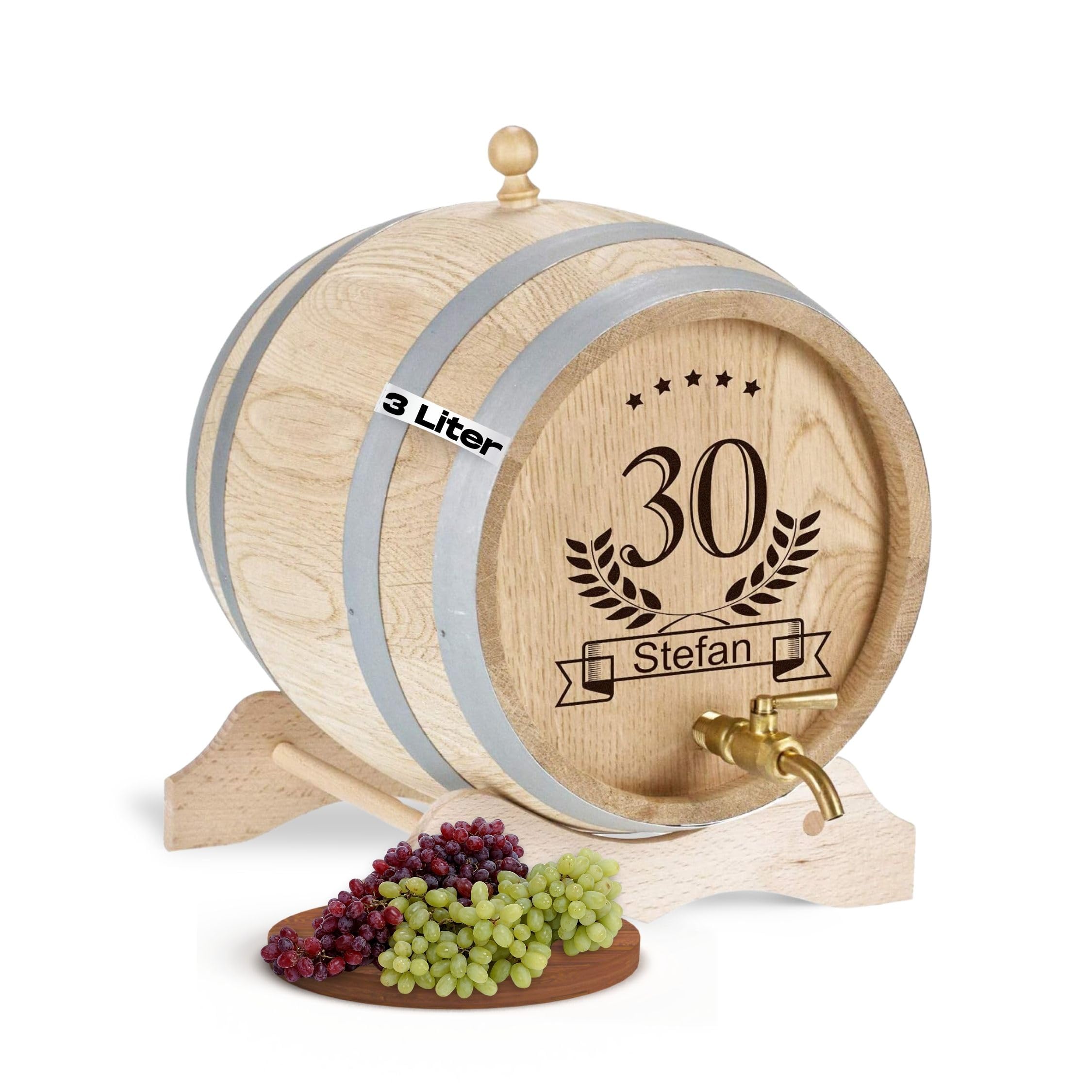 Tonneau en bois personnalisé de 3 litres avec robinet en laiton – Cadeau de Noël pour papa – Idée cadeau amusante pour homme – Petit tonneau en chêne pour rhum, whisky ou vin (motif Geb)