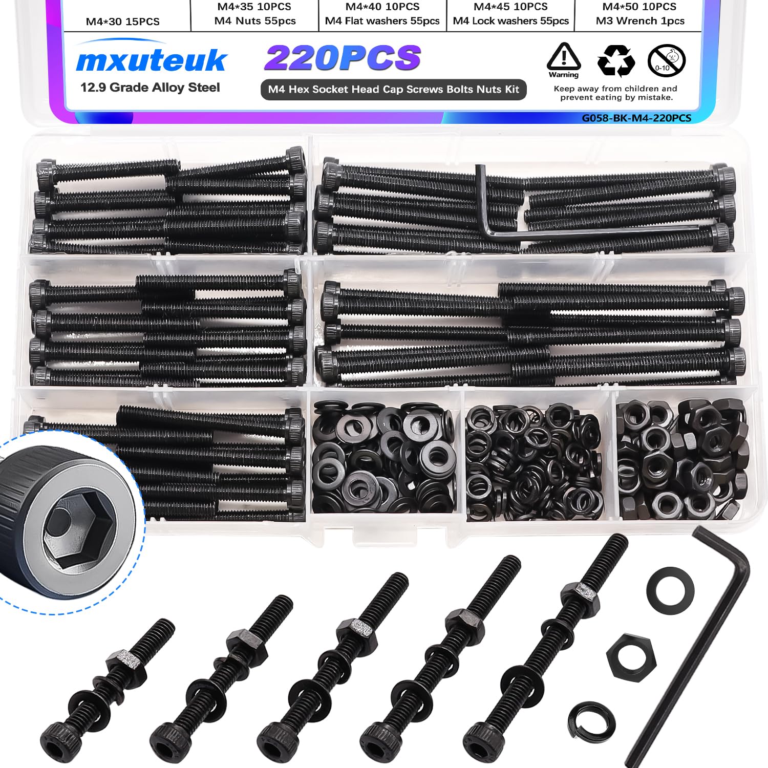 mxuteuk 220PCS M4 Screws Assortment Set,M4 x 30/35/40/45/50mm Hex Socket Head Cap Screws Bolts Nuts Kit,12.9 Grade Alloy Steel M4 Bolts with Hex Wrench