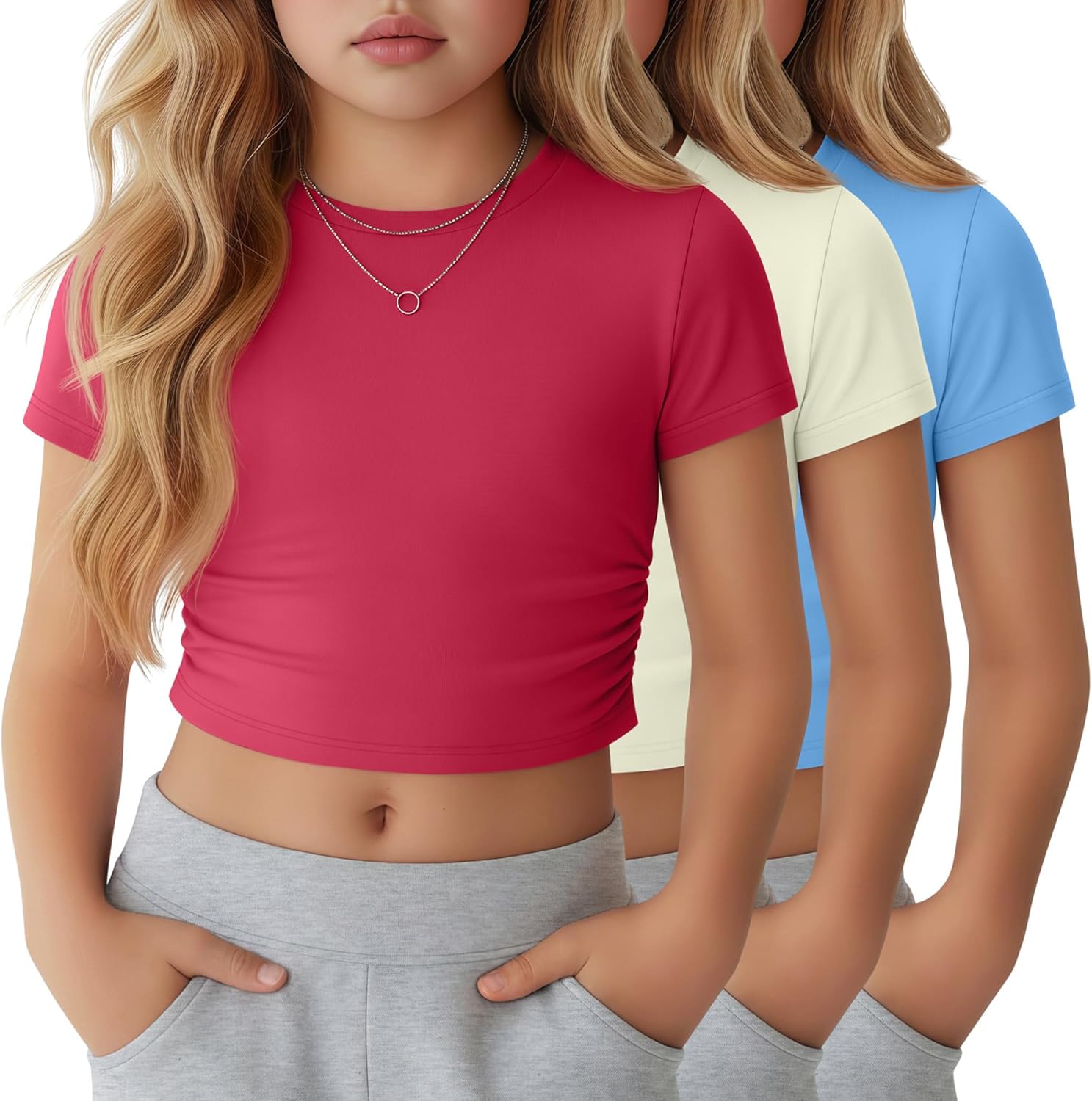 3 Pack Girls Crop Tops 5-16y Short Sleeve T-Shirts Tween Girl Slim Crew Neck Ruched Casual Trendy Summer Shirts
