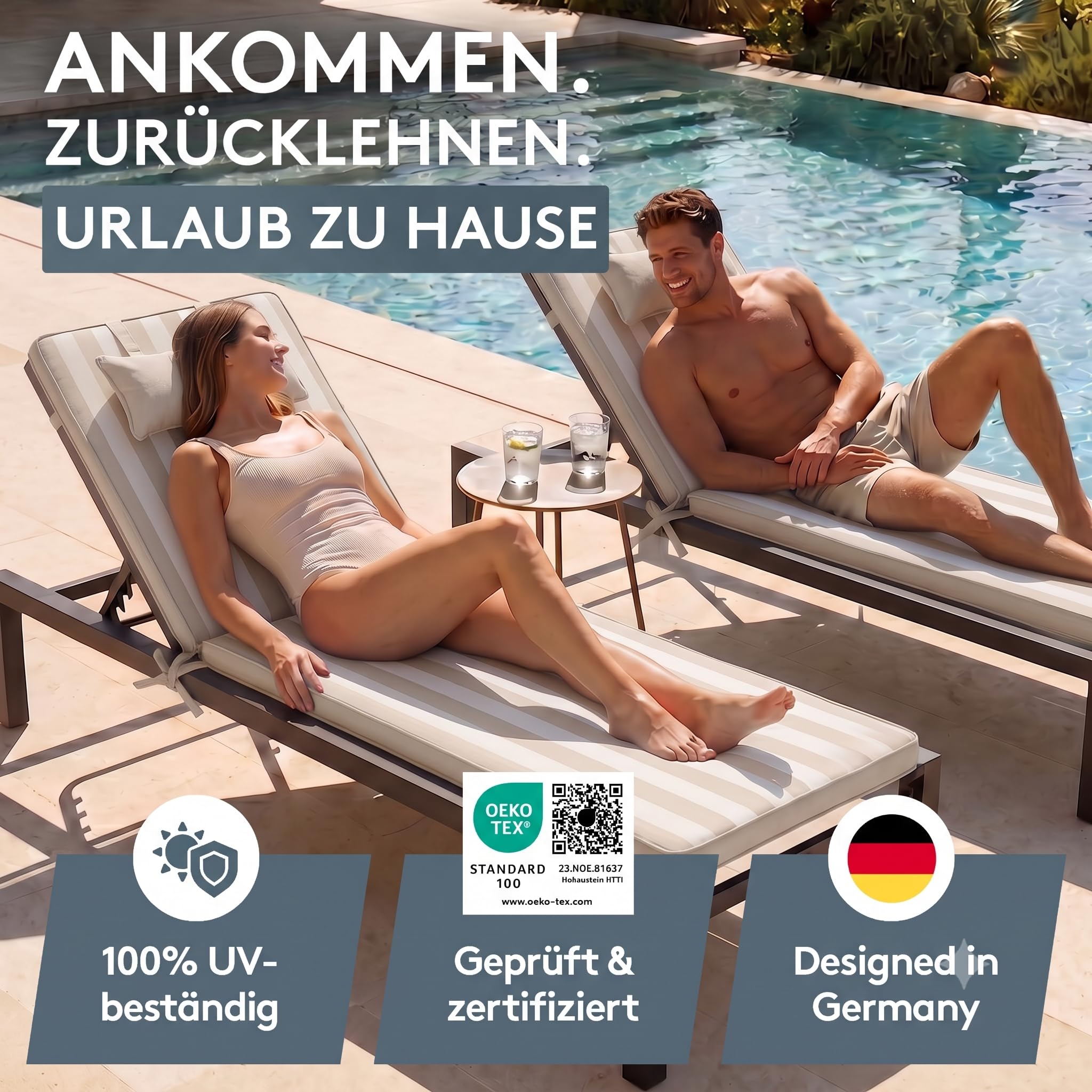 LILENO HOME Tumbona con almohada, juego de 1 silla de ruedas en franjas de bloques, color beige | Bloques de rayas beige – Tumbona de jardín perfecta para tumbona de playa – Cojín para tumbona de jardín Dub