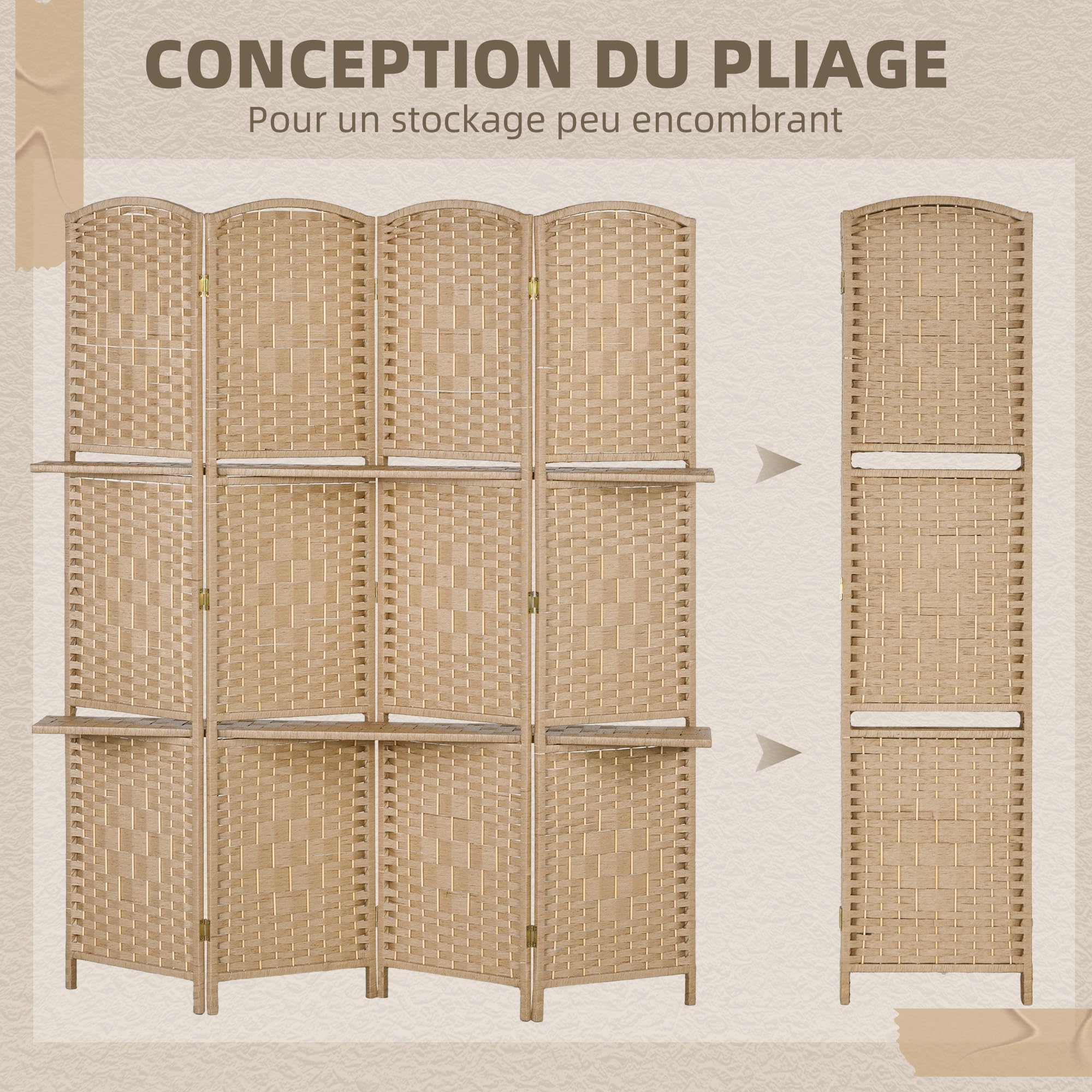 HOMCOM Paravent séparateur de pièce 4 Panneaux 160 x170 cm avec 2 étagères, Pliable, en Bois pour Le Bureau, Salon, Chambre, Bois Naturel