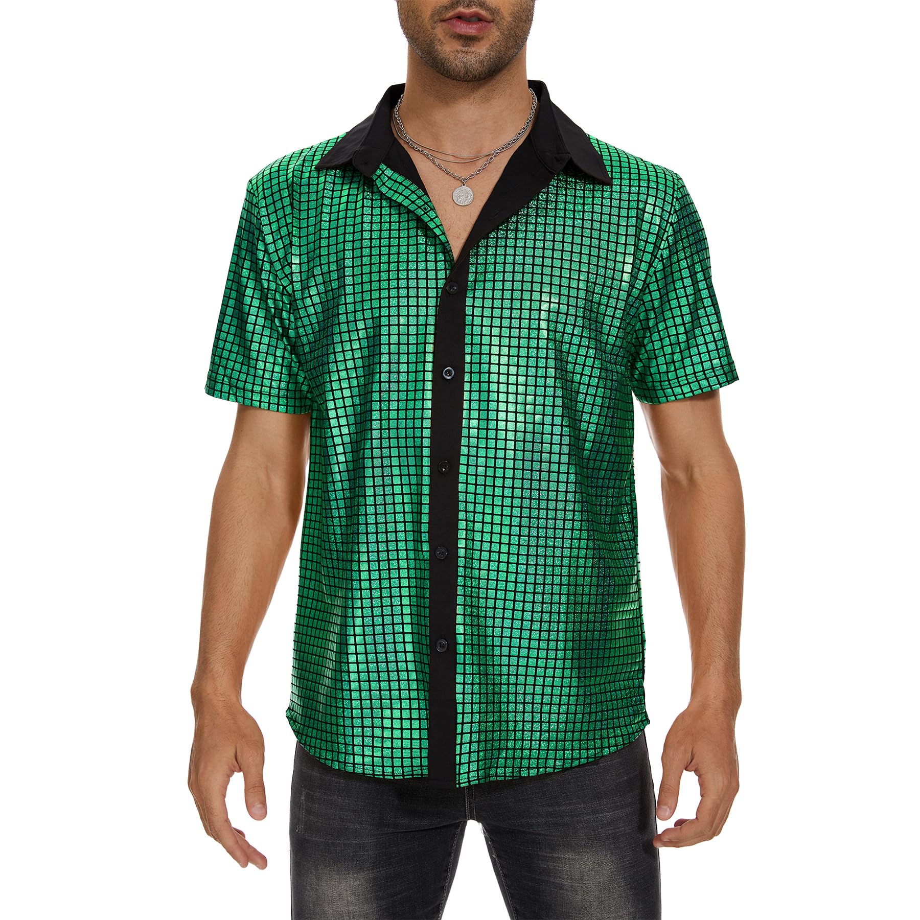 Zando Men's Sequin 70s 80s Disco Shirt - Retro Short Sleeve Button Up Costume Halloween New Year Party Outfit Top & Clubwear