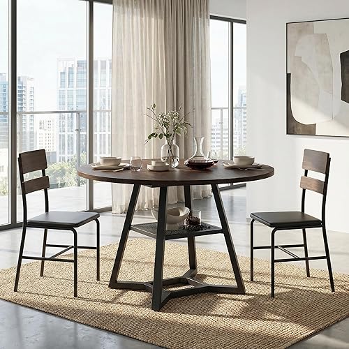 Miniatura 7 de Mesa de comedor redonda para 4-6 personas con estante de almacenamiento, mesa de pedestal circular de cocina y comedor, marco de metal resistente