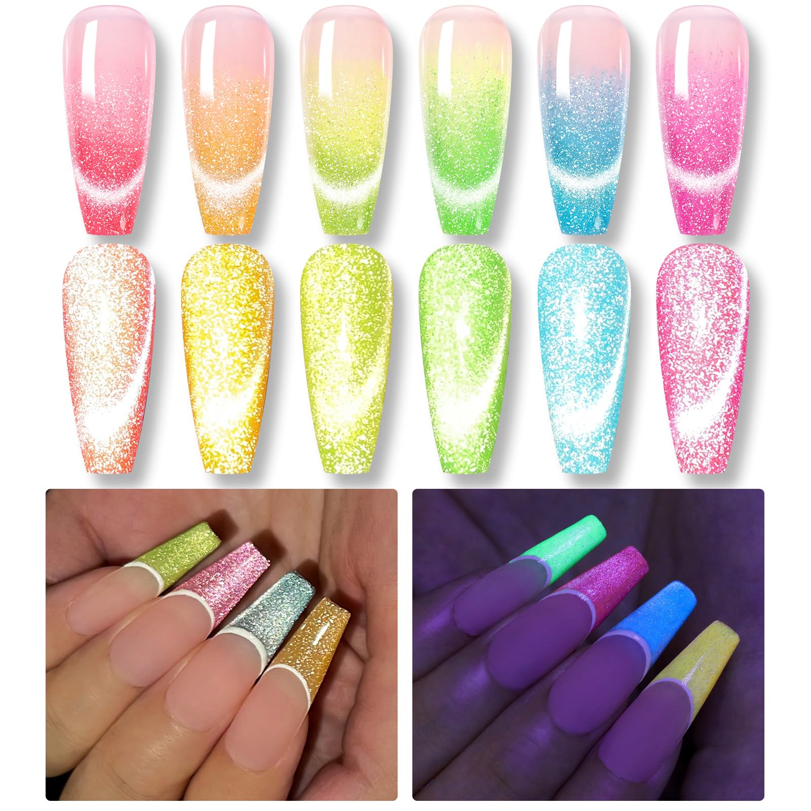 BORN PRETTY Neon Cat Magnetic Eye Gel Polish Reflective Glitter Gel Nail Polish Glow in the Dark Gel Polish 6PCS Set