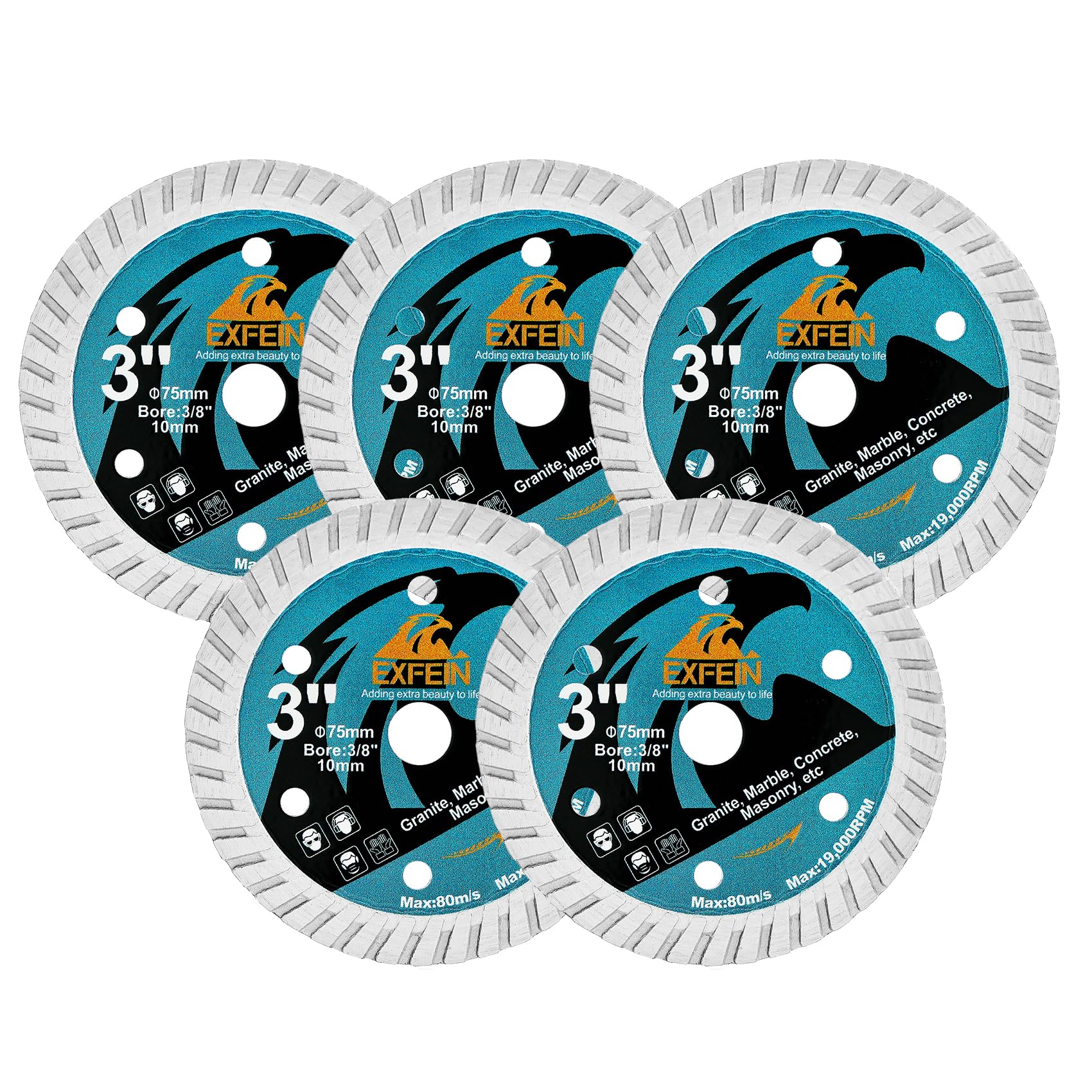 EXFEIN Diamond Disc 3" x 3/8" 5pcs Arbor for Granite, Hard Concrete,Hard Artificial Stone,Natural Stones Diamond Cutting Disc