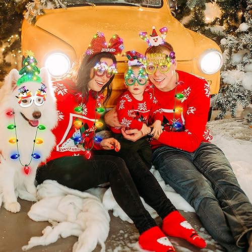 Miniatura 4 de Juego de 18 piezas de regalos de fiesta de Navidad, juego de collar con diadema de Navidad iluminada, incluye 6 collares de Navidad, 6 vasos de