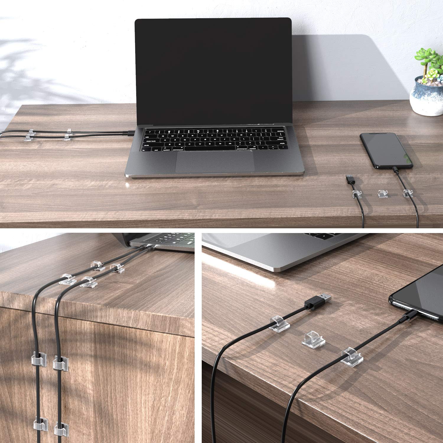 100-Pack Clear Cable Clips - Strong Adhesive Wire Organizers For Desk, Wall, Car (Small Size)
