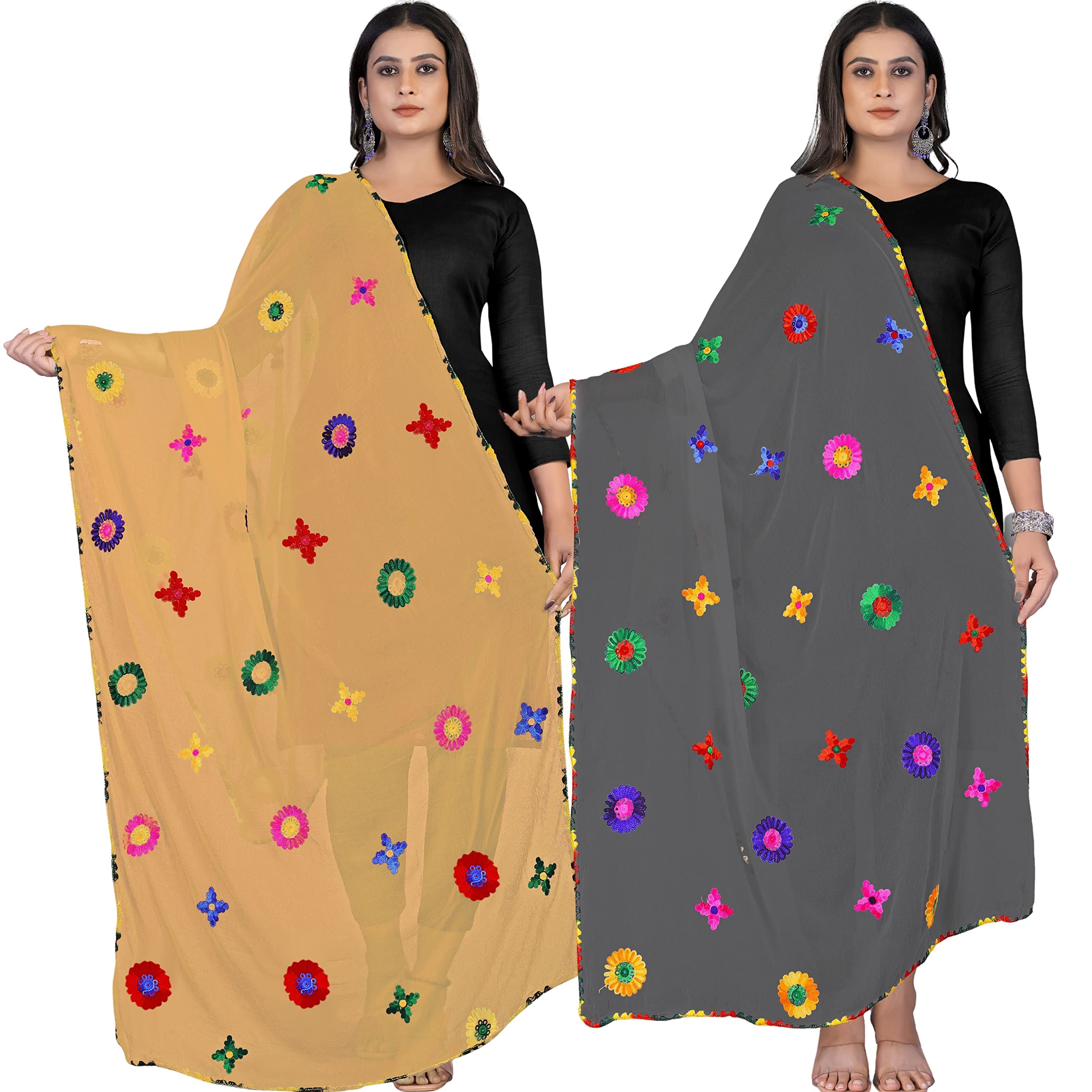 kemza Women's Embroidered Phulkari Chiffon Dupatta Combo Pack of 2-picture-21