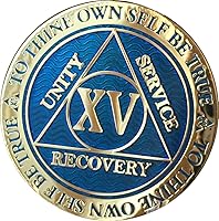Vista 3 de 15 años AA Medallion Reflex Blue Gold Plates Sobriety Chip XV, Pequeño, Latón