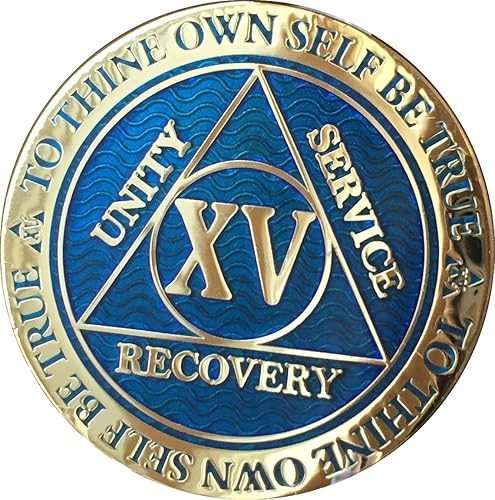 Miniatura 3 de 15 años AA Medallion Reflex Blue Gold Plates Sobriety Chip XV, Pequeño, Latón