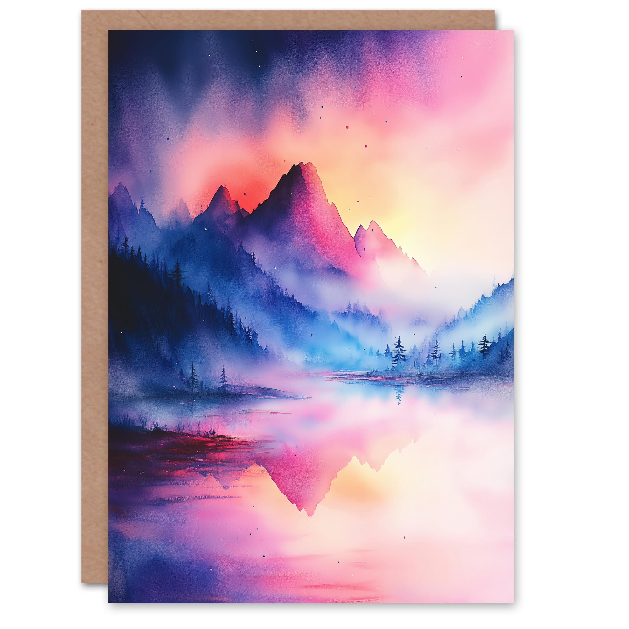 Artery8 Greeting Card Misty Mountain Forest Lake Sunset Sky Watercolour Blank For Him Or Her Art Birthday Card